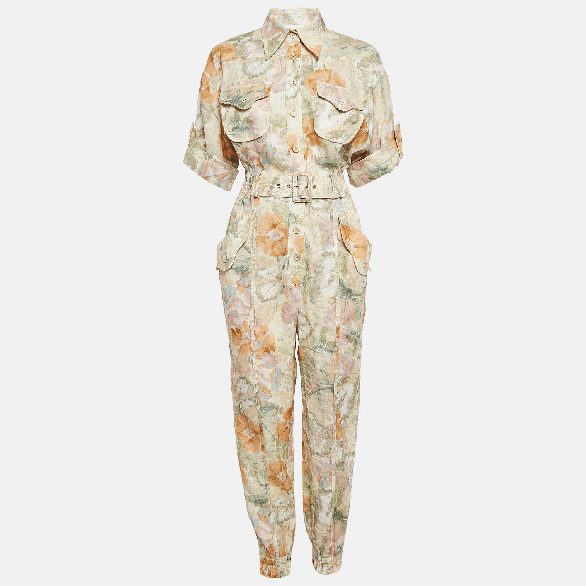 

Zimmermann Beige Floral Print Linen Belted Jumpsuit S