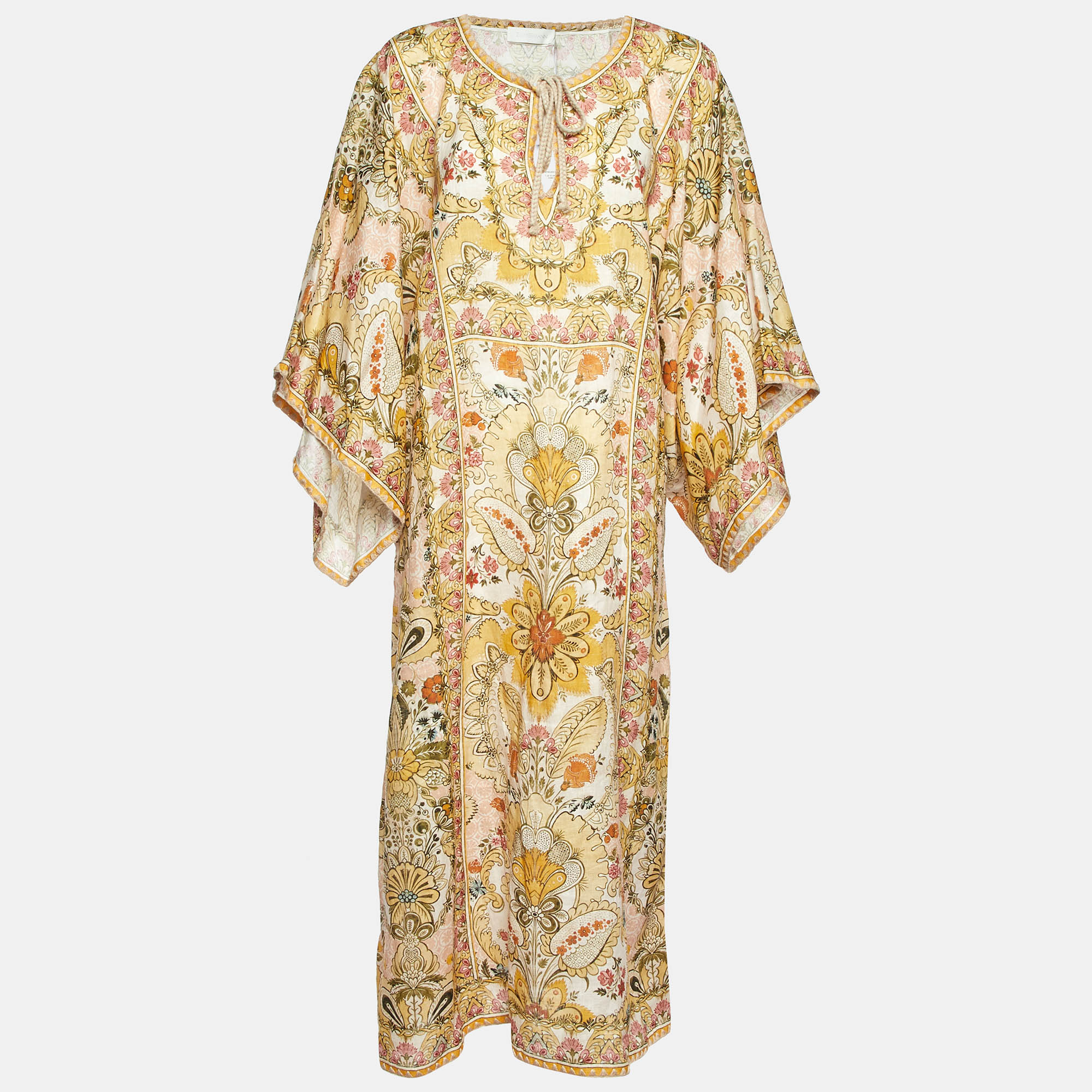 

Zimmermann Yellow Floral Print Linen Laurel Kaftan Dress L