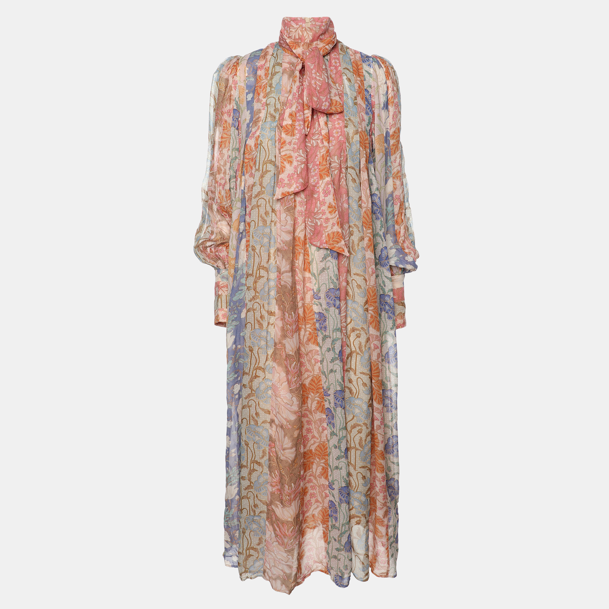 Pre-owned Zimmermann Multicolor Floral Print Chiffon Tie Neck Midi Dress S