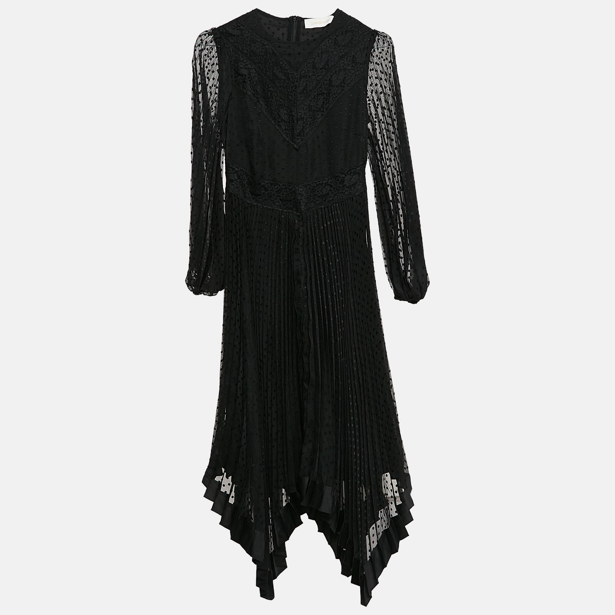 

Zimmermann Black Swiss Dots Lace and Chiffon Plisse Espionage Midi Dress S