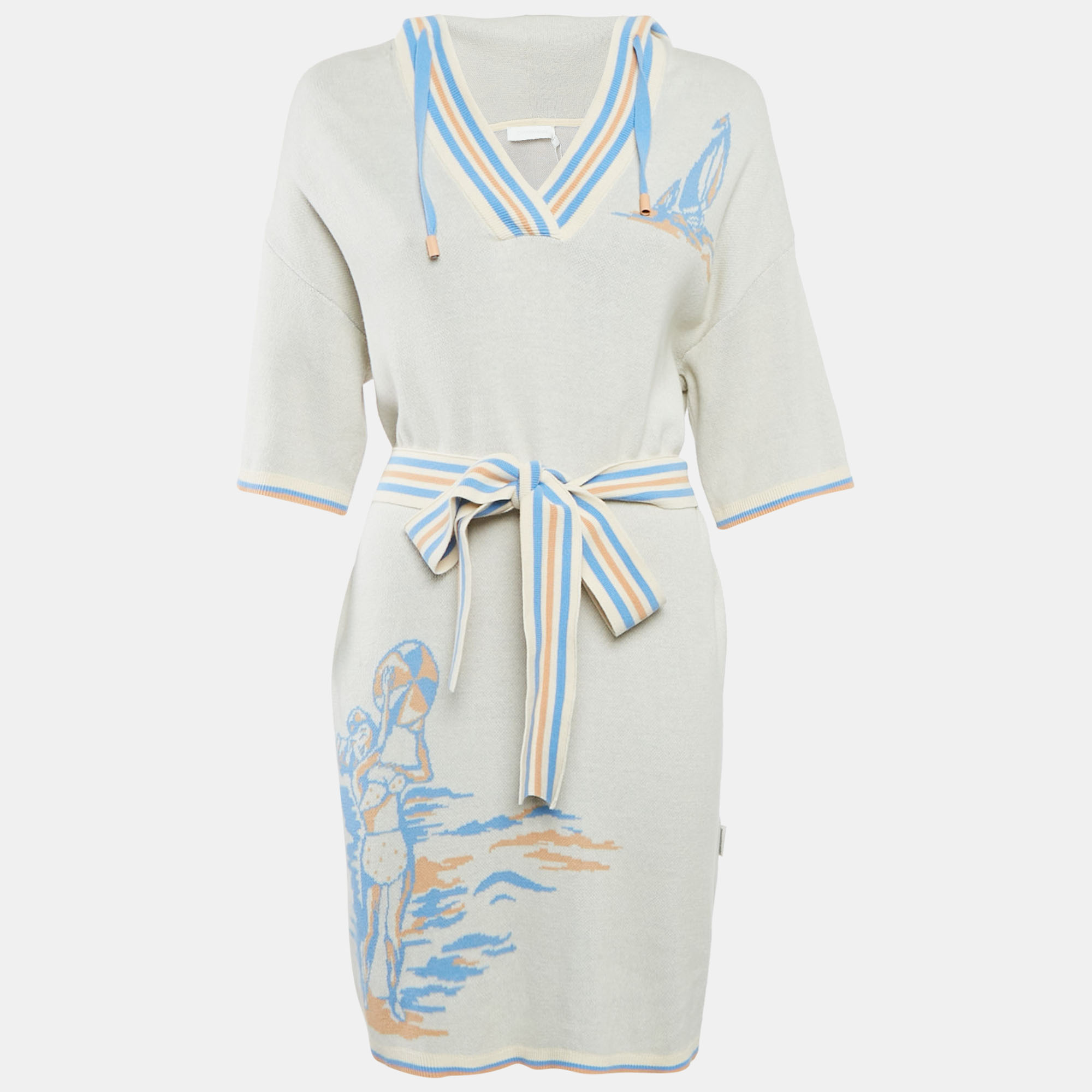 

Zimmermann Off-White Patterned Cotton Knit Hooded Mini Dress L