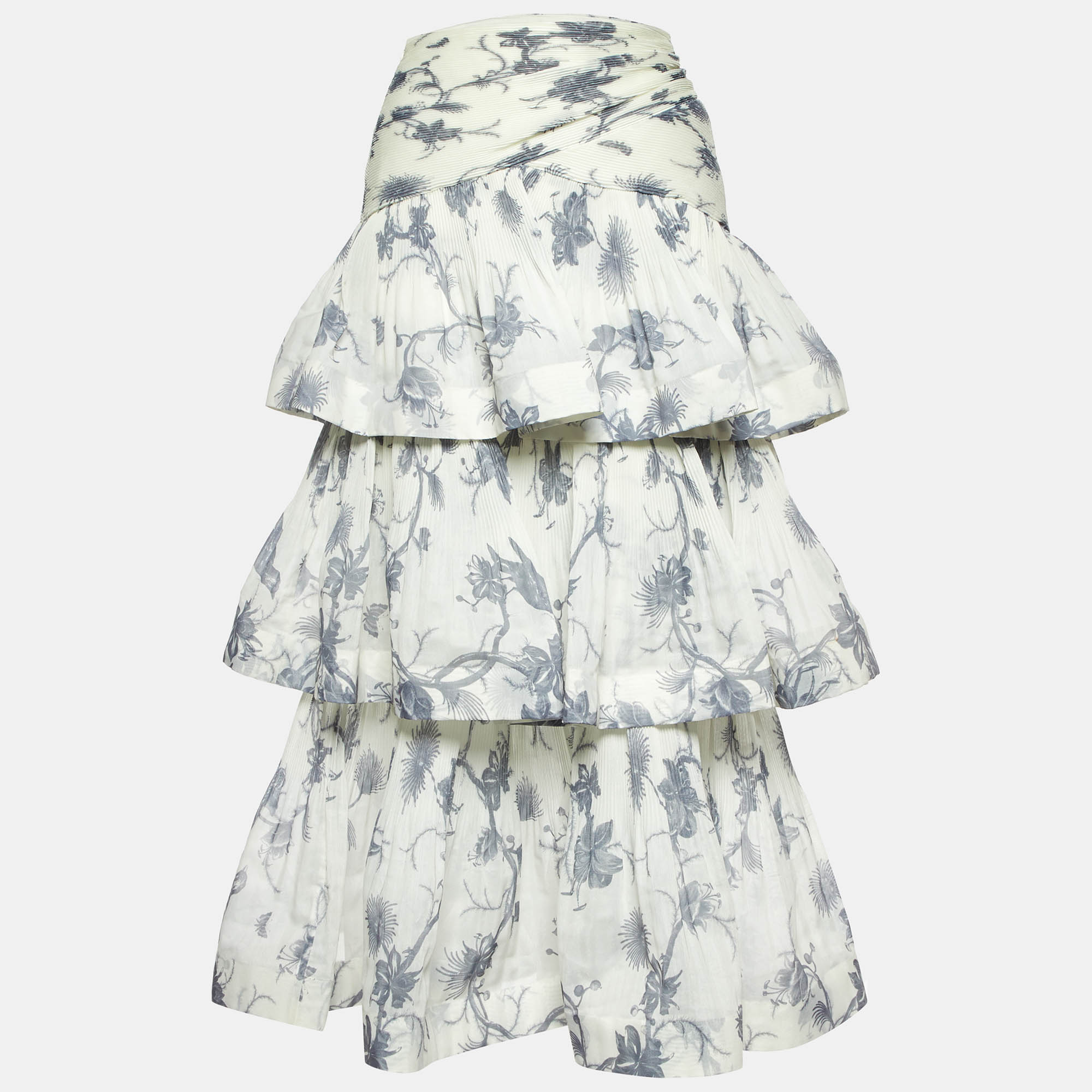 

Zimmermann Kiera Navy Printed Silk Plisse Tiered Midi Skirt S, Navy blue