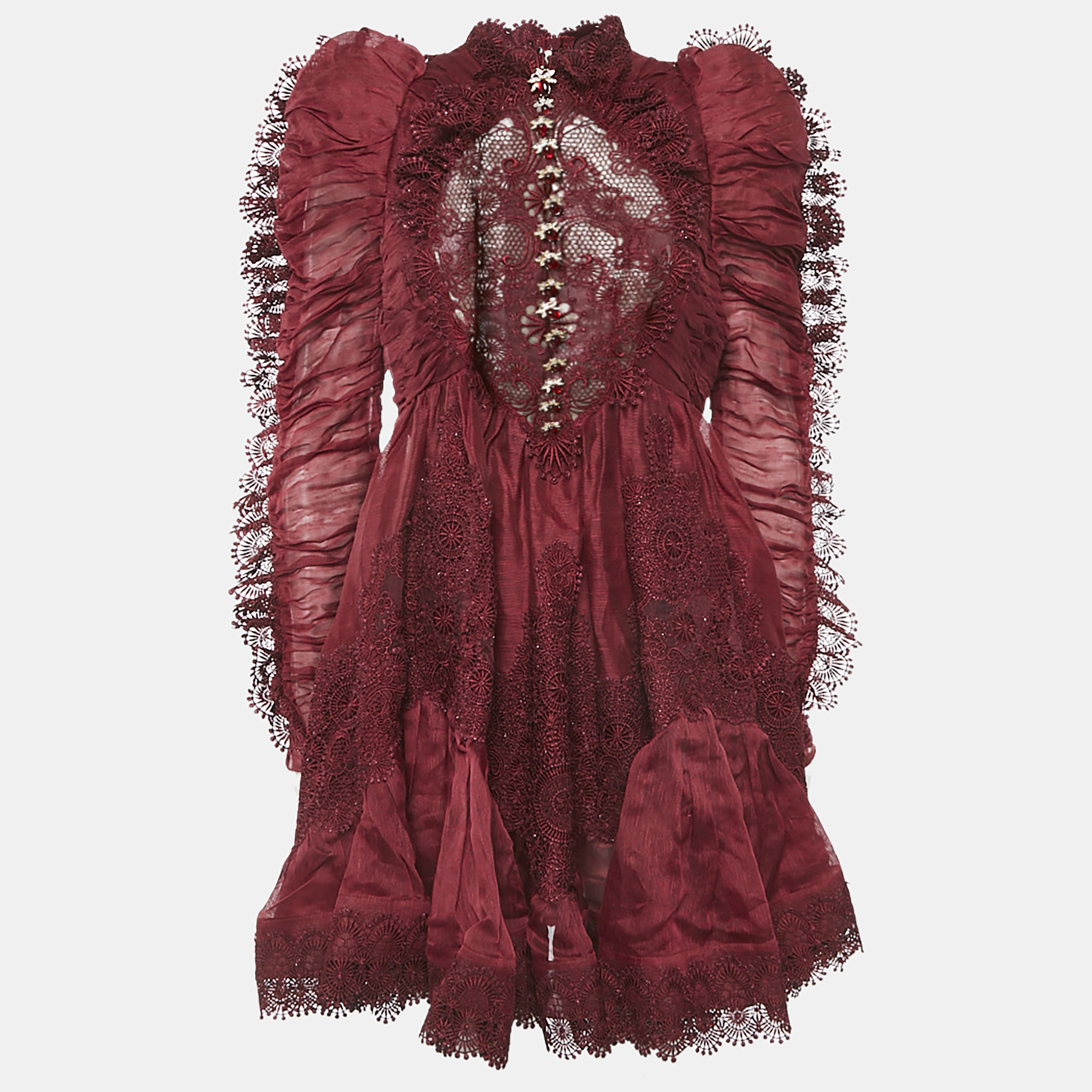 

Zimmermann Burgundy Linen and Silk Lace Trimmed Mini Dress M