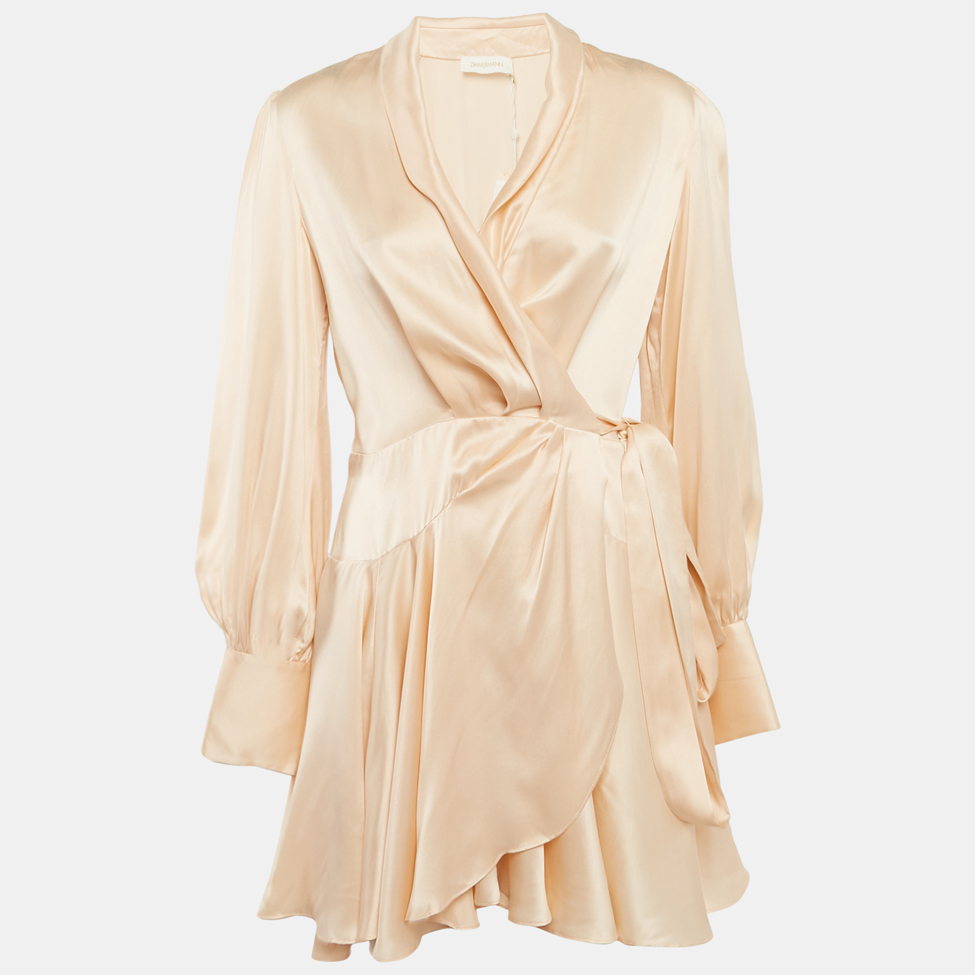 

Zimmermann Beige Silk Satin Blouson Sleeve Asymmetric Mini Wrap Dress S