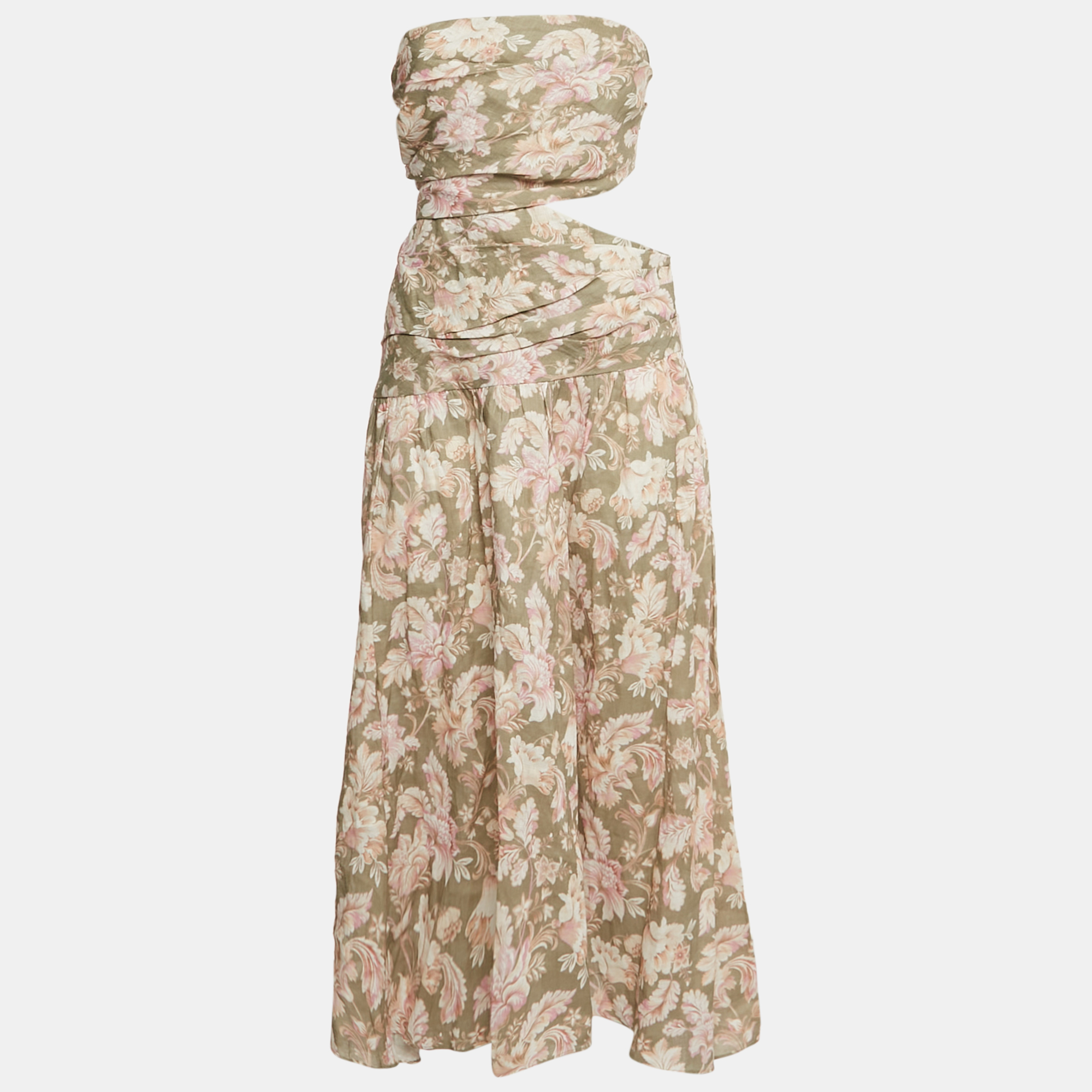 

Zimmermann Green Floral Print Linen Cut-Out Strapless Midi Dress L