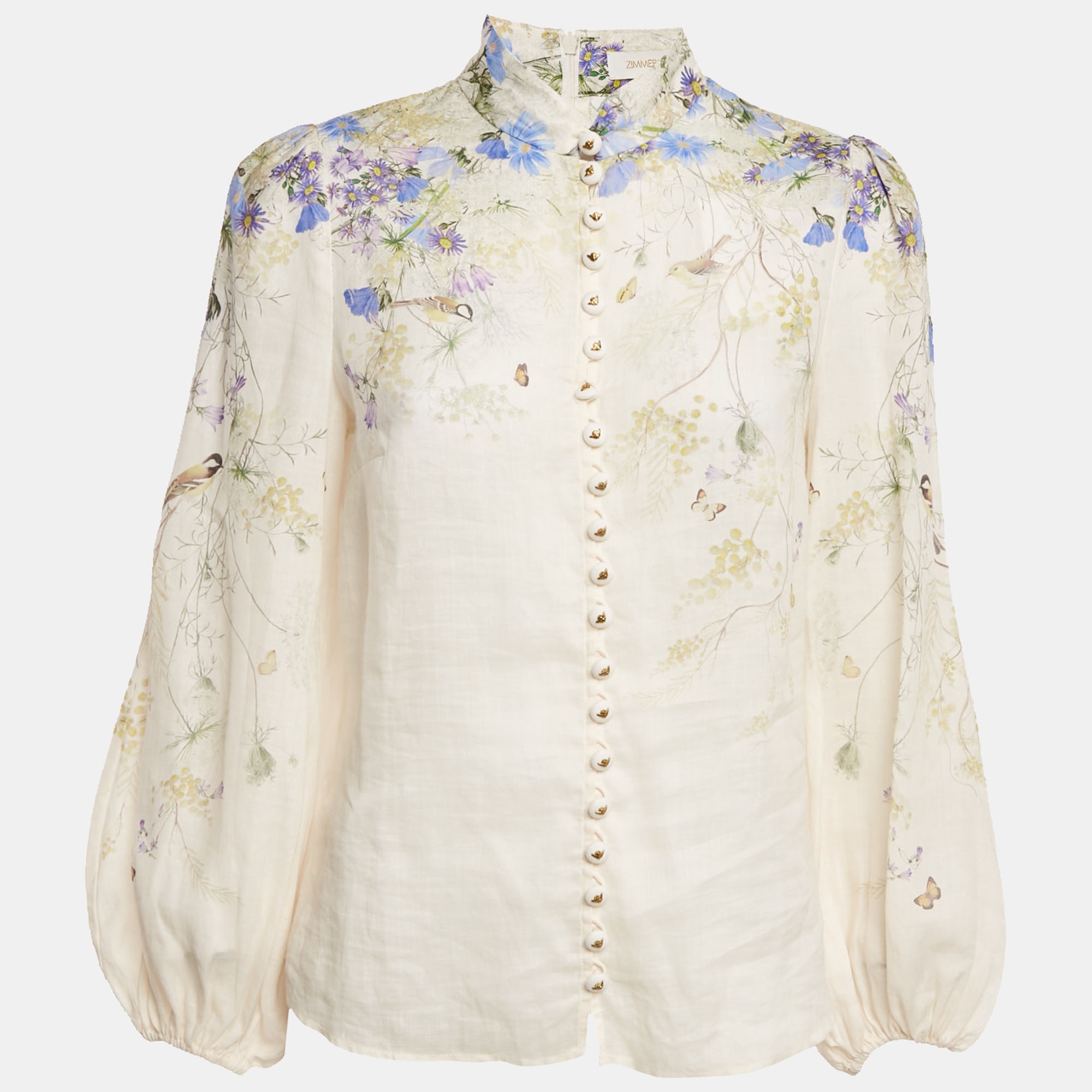 Pre-owned Zimmermann Cream Citrus Butterflies Print Linen Button Front Blouse S