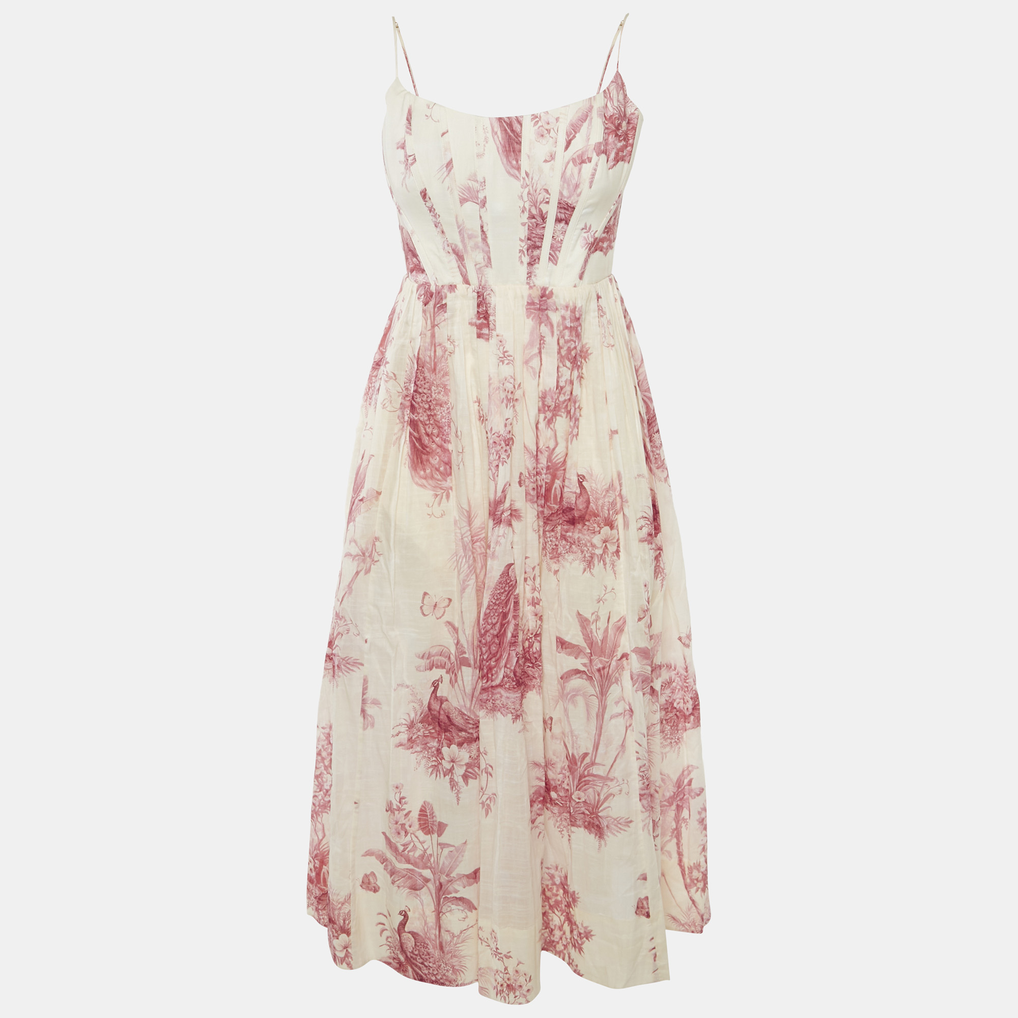 Pre-owned Zimmermann Pink Printed Cotton Waverly Corset Midi Dress M