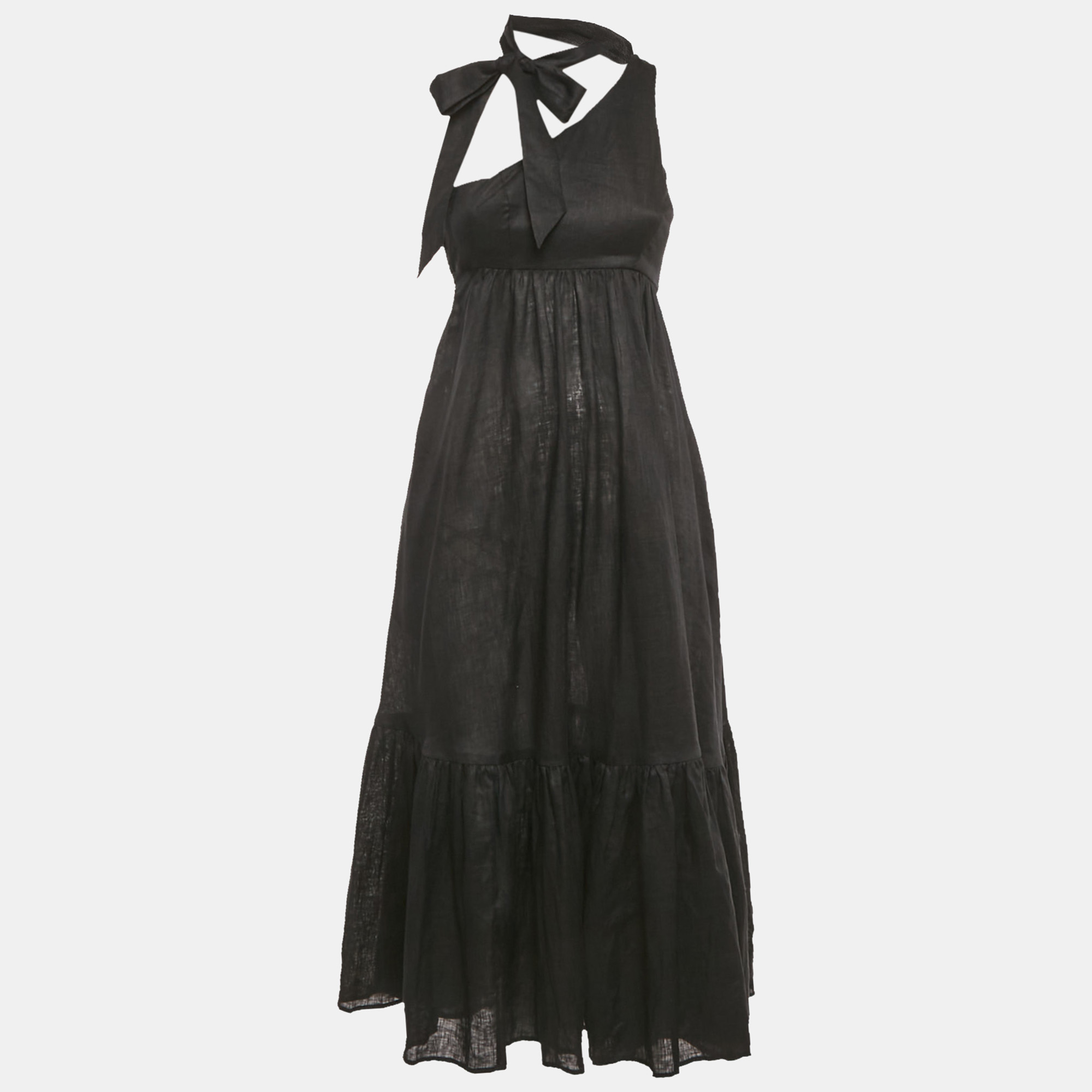 Pre-owned Zimmermann Black Linen Tie Neck Detail Empire Mid Dress Xs