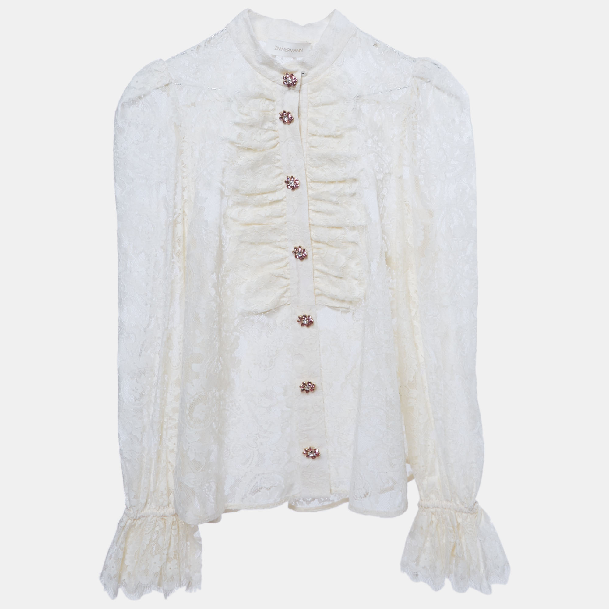 

Zimmermann Cream Lace Ruffled Sheer Blouse M