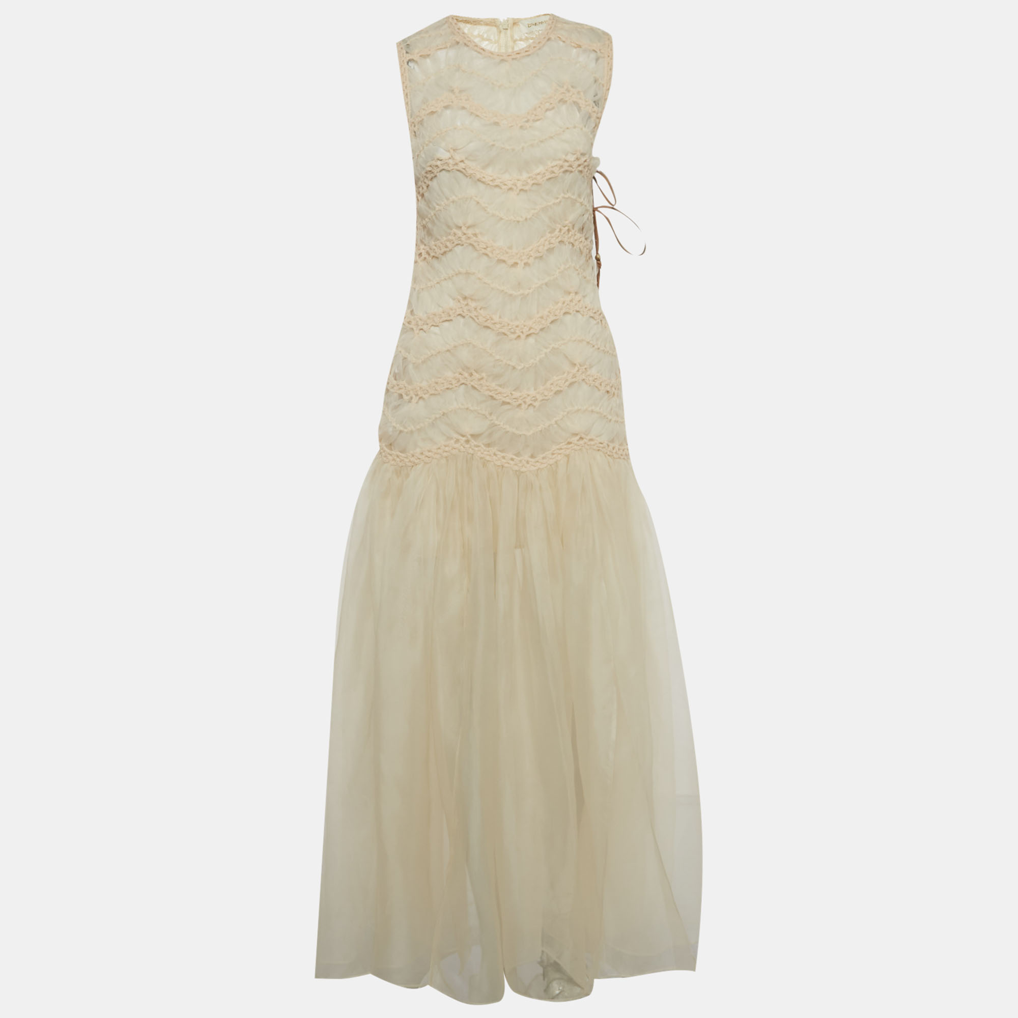 

Zimmermann Cream Organza Illuminate Macrame Tulle Maxi Dress M, Beige
