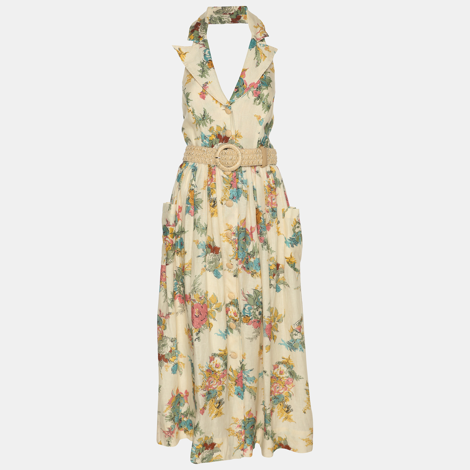 

Zimmermann Multicolor Printed Linen Halter Neck Shirt Dress L