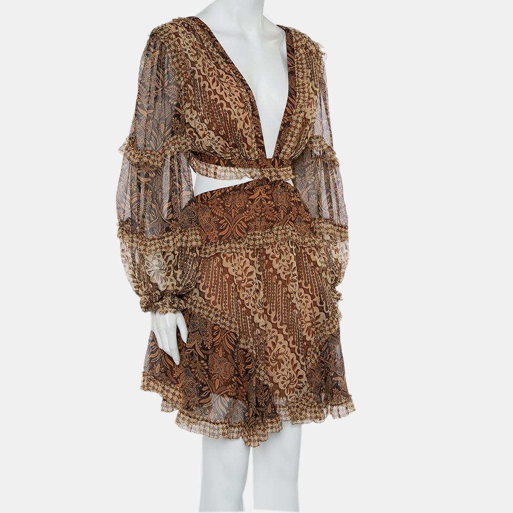 

Zimmermann Brown Tali Batik Printed Silk Cutout Mini Dress