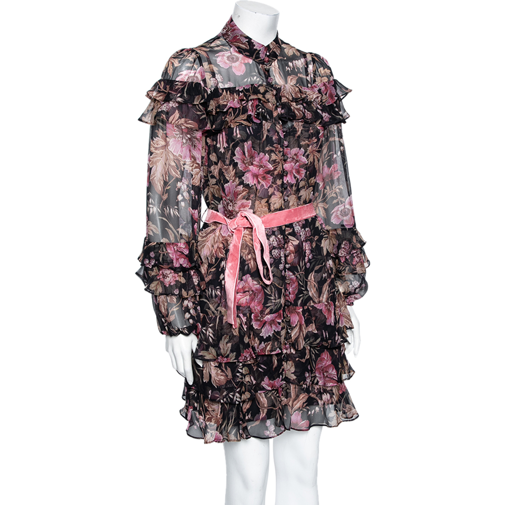 

Zimmermann Black Floral Printed Silk Ruffle Trim Tiered Lucky Belted Dress