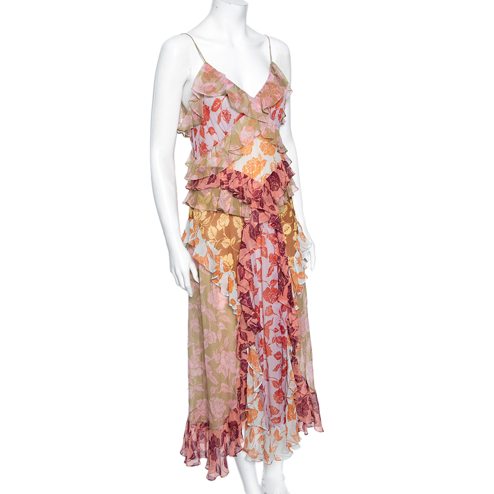 

Zimmermann Multicolor Rose Printed Silk Ruffled Lovestruck Slip Dress