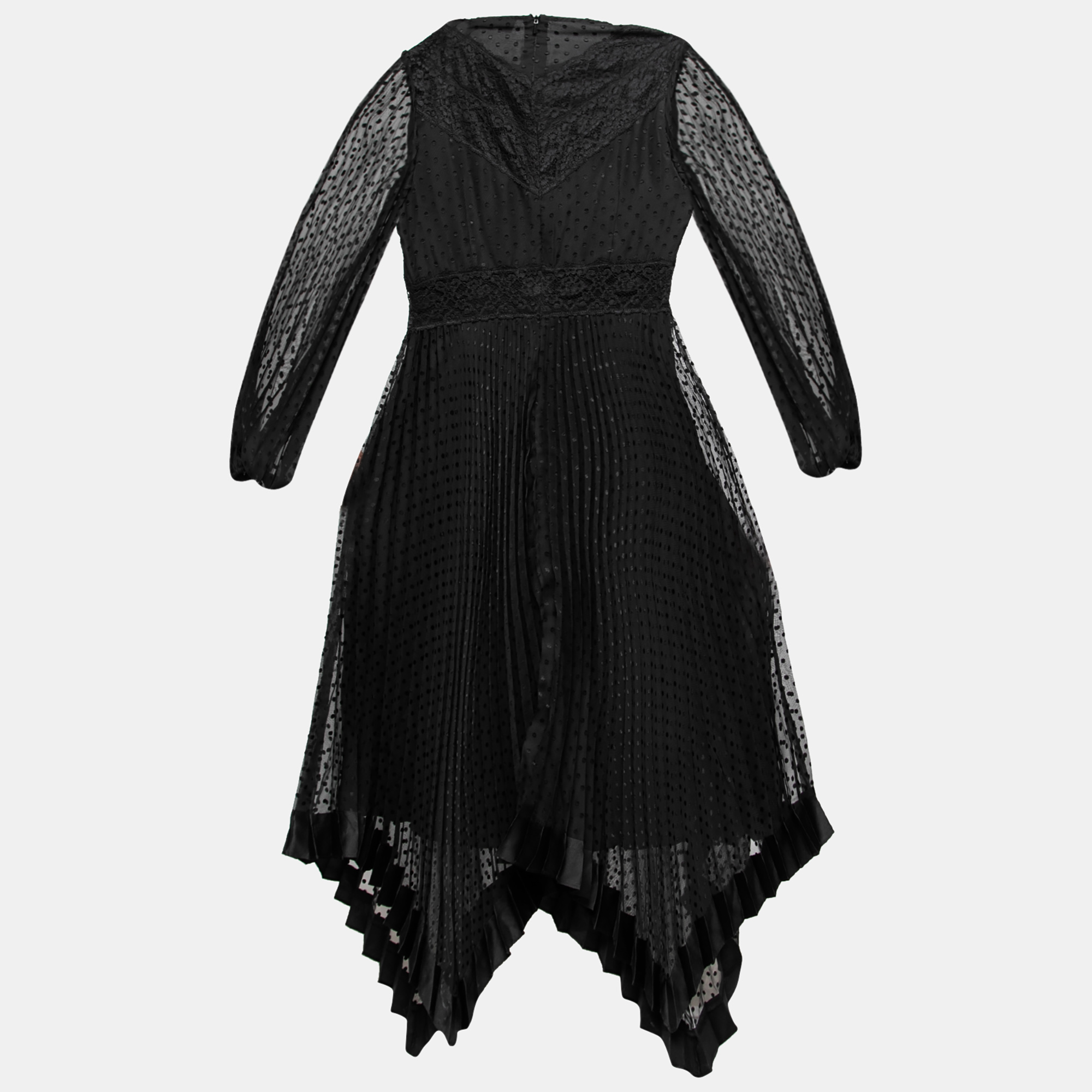 

Zimmermann Black Fil Coupe Chiffon Lace Paneled Espionage Pleated Dress