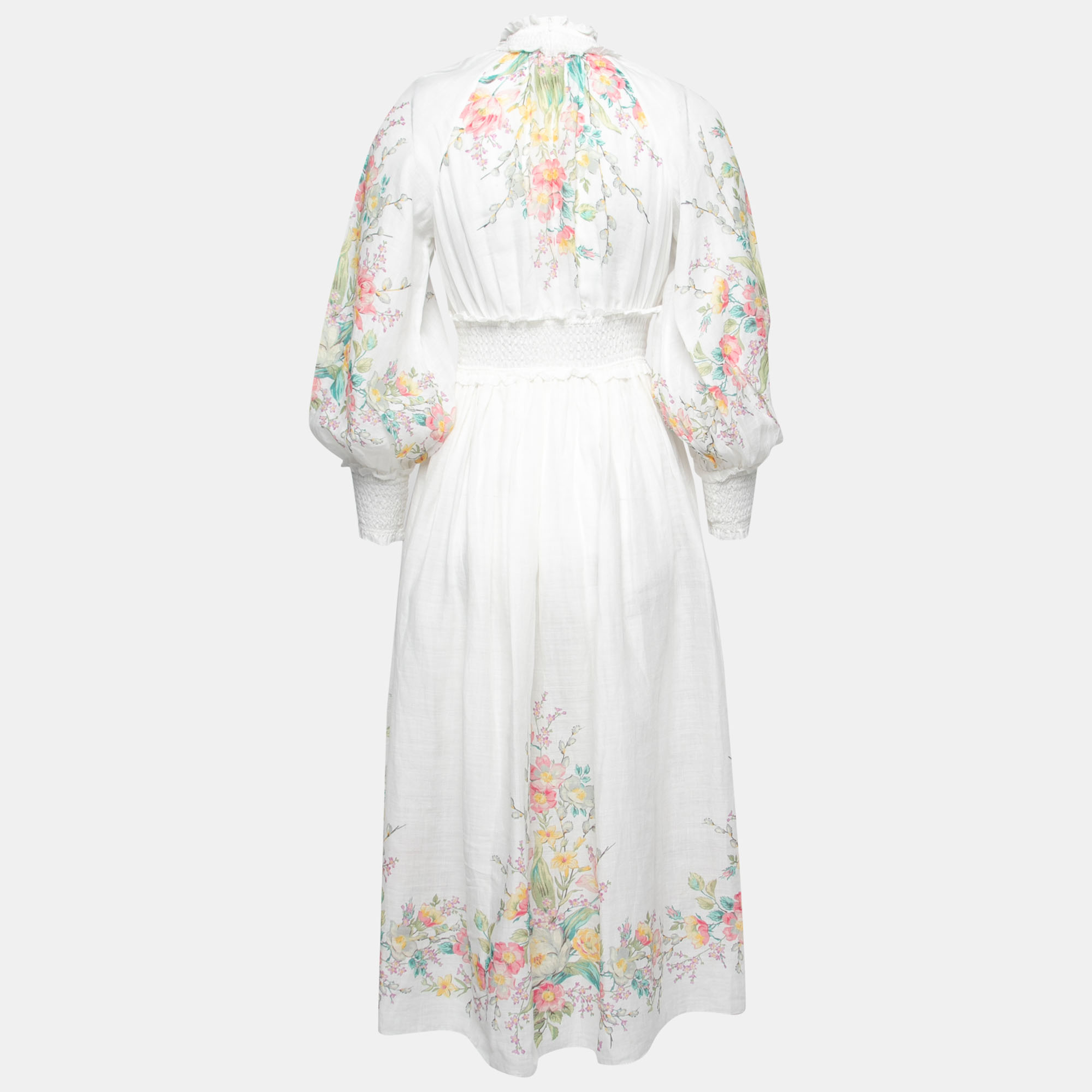 

Zimmermann White Floral Printed Ramie Zinnia Shirred Midi Dress