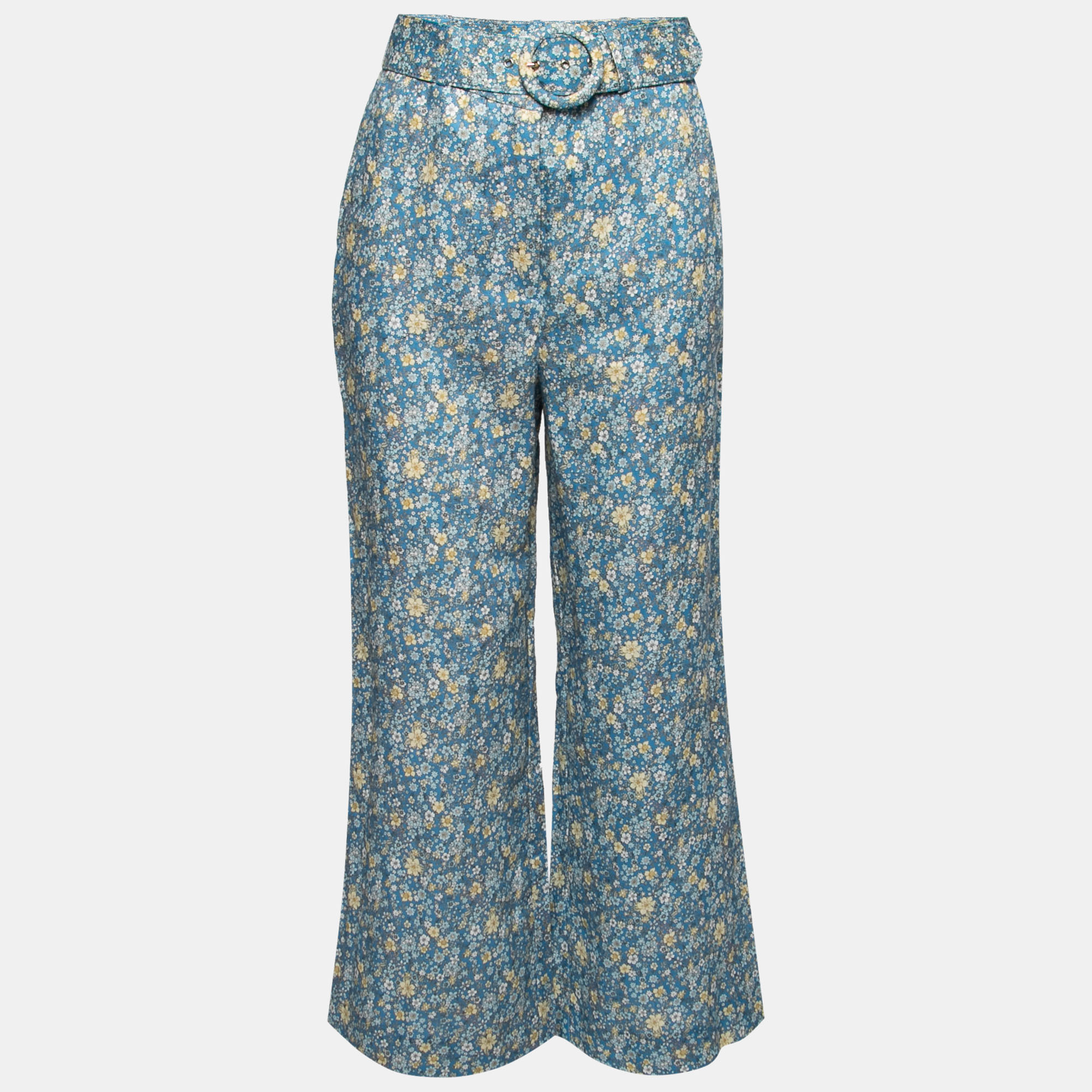 Pre Owned Zimmermann Blue Floral Printed Linen Belted Trousers M