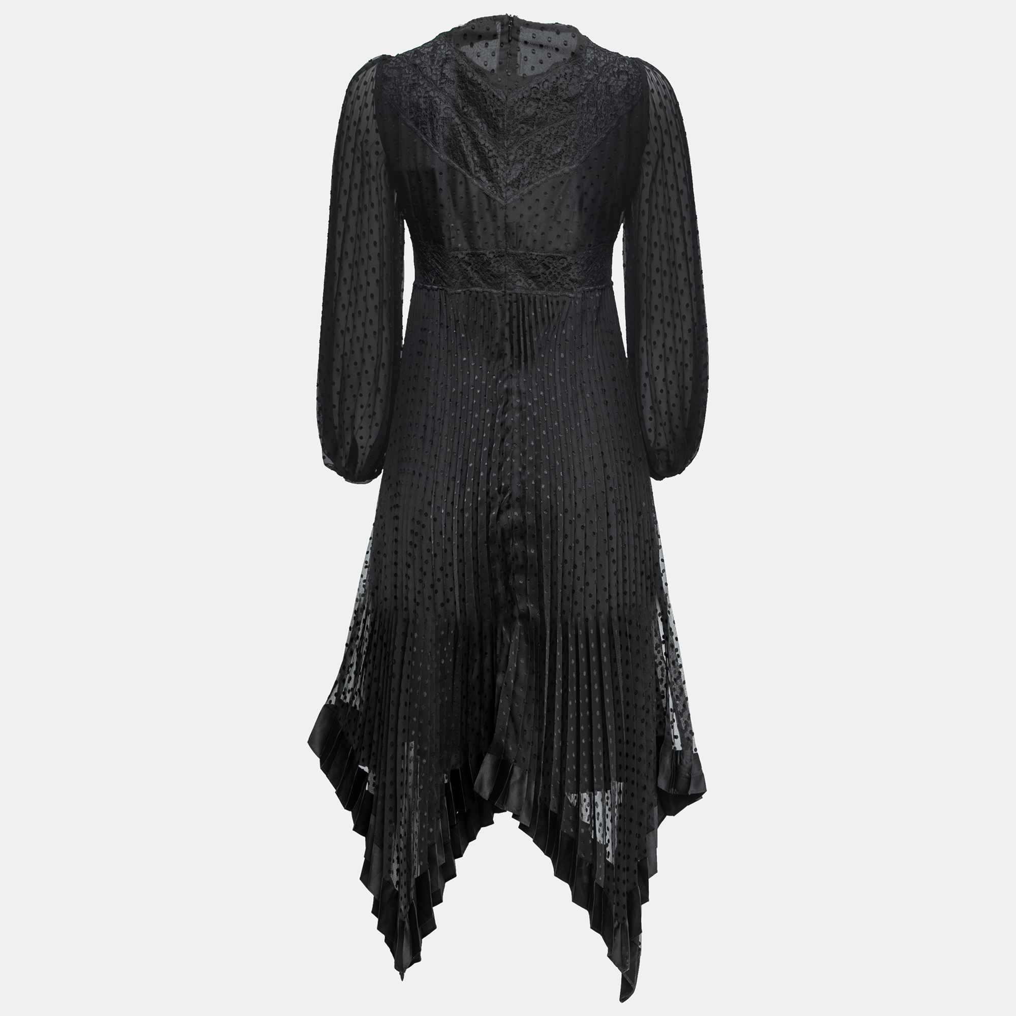 

Zimmermann Black Chiffon Lace Paneled Plisse Pleated Dress