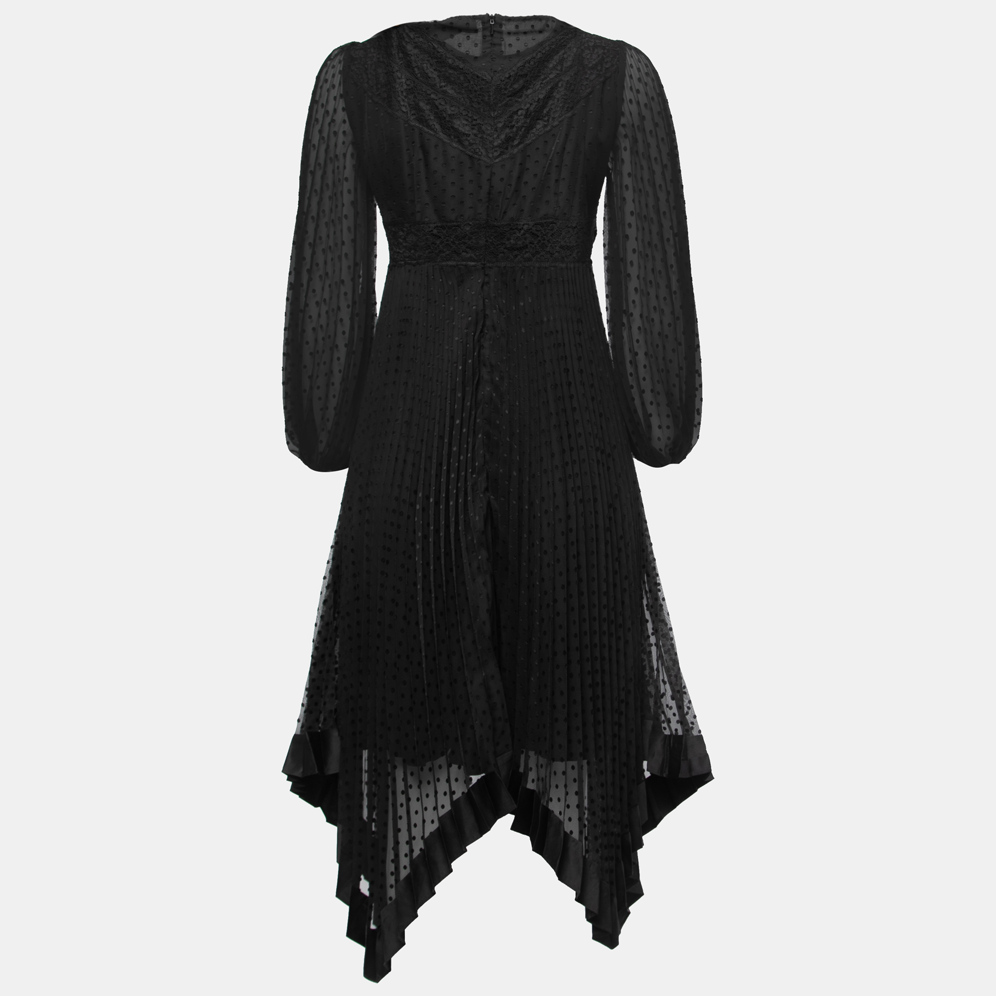 

Zimmermann Black Dotted Chiffon Lace Panelled Asymmetrical Dress