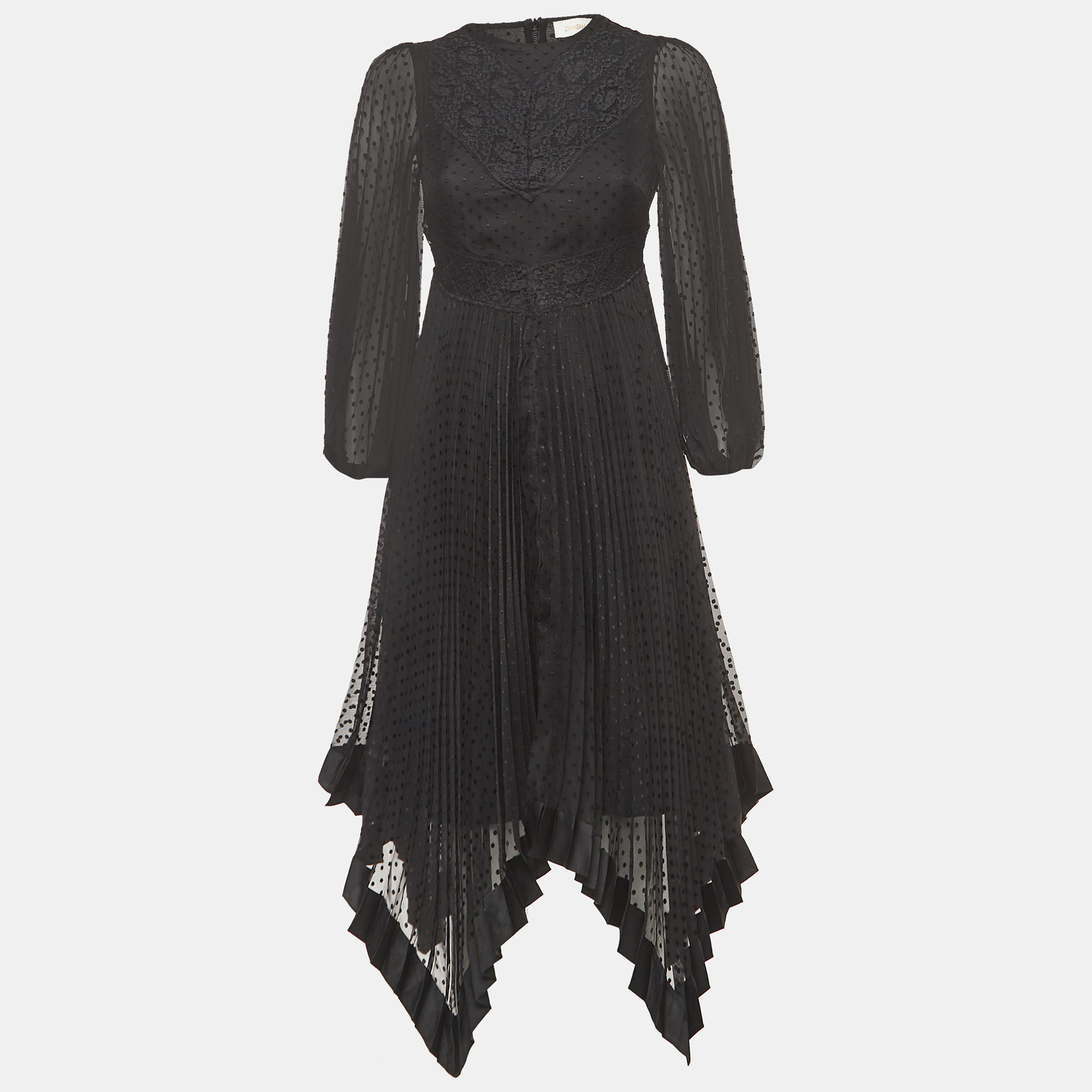 Pre-owned Zimmermann Black Dotted Chiffon Lace Paneled Asymmetrical Dress S