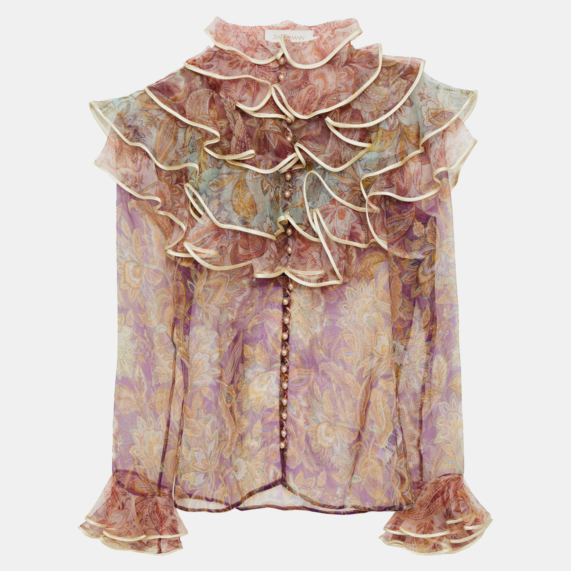 Pre-owned Zimmermann Purple Printed Silk Lucky Tiered Blouse Xs (size 0)