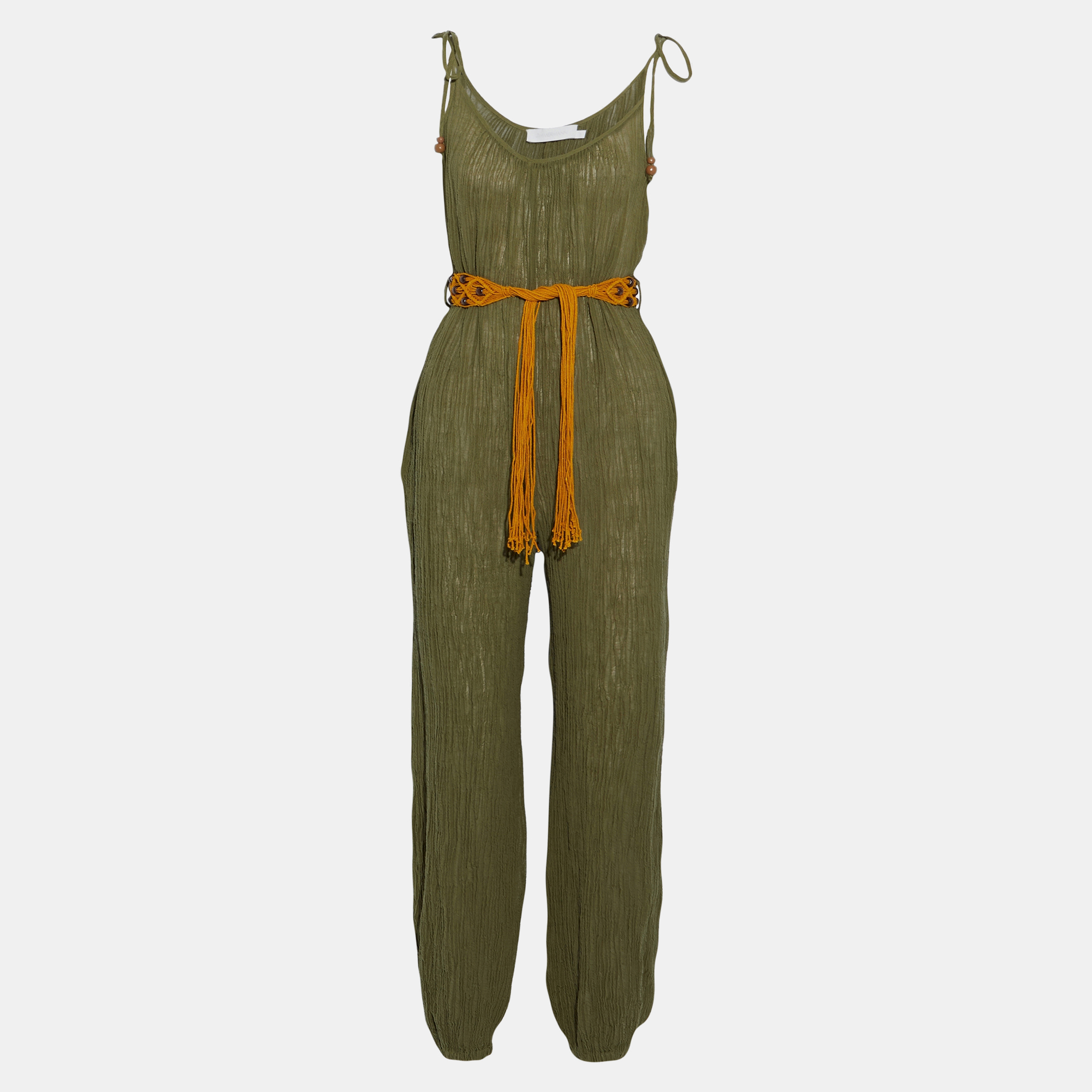 Pre-owned Zimmermann Green Textured Ramie & Cotton Jumpsuit L (size 3)