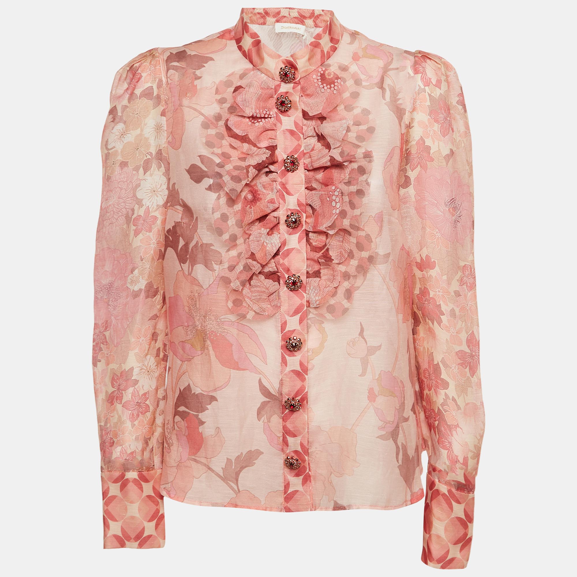 

Zimmermann Coral Pink Floral Print Linen & Silk Ruffled Top M