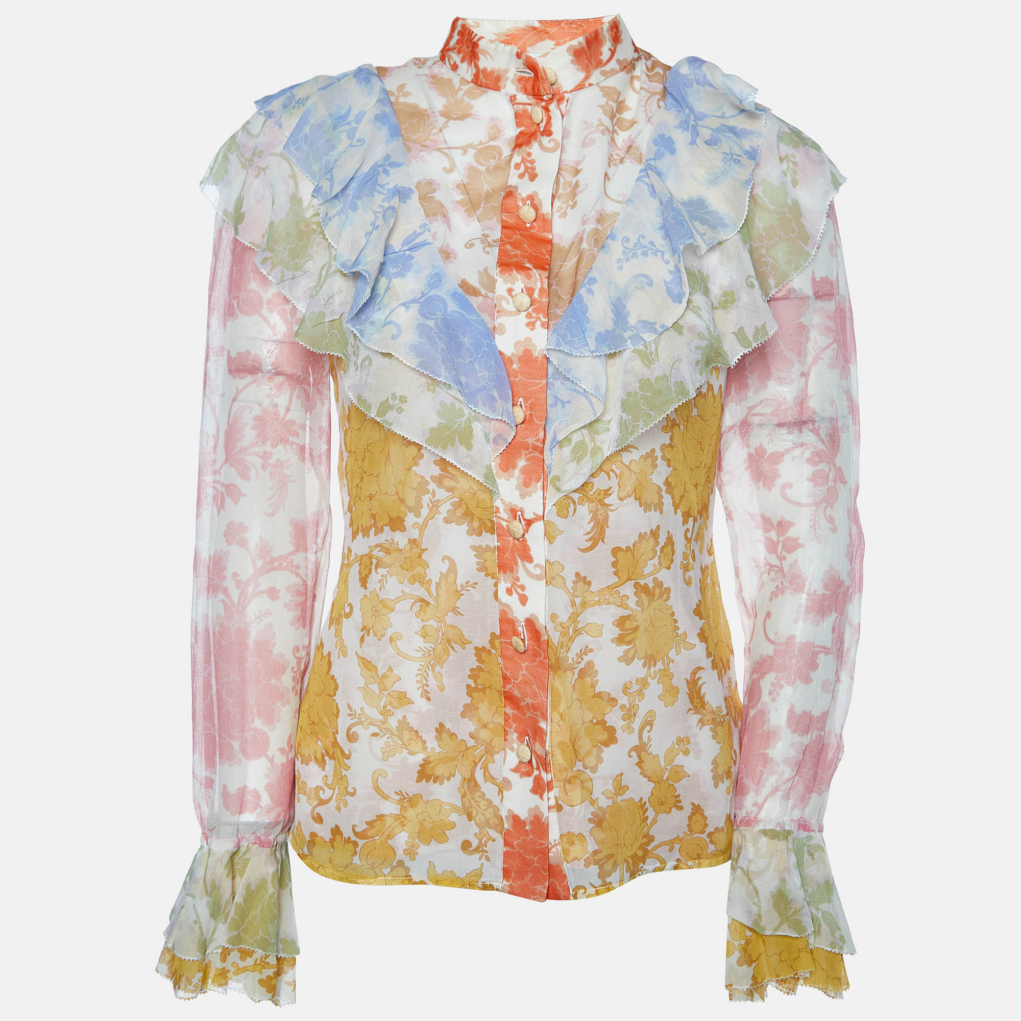 

Zimmermann Mulitcolor Floral Print Silk Blend Ruffled Shirt XS, Multicolor