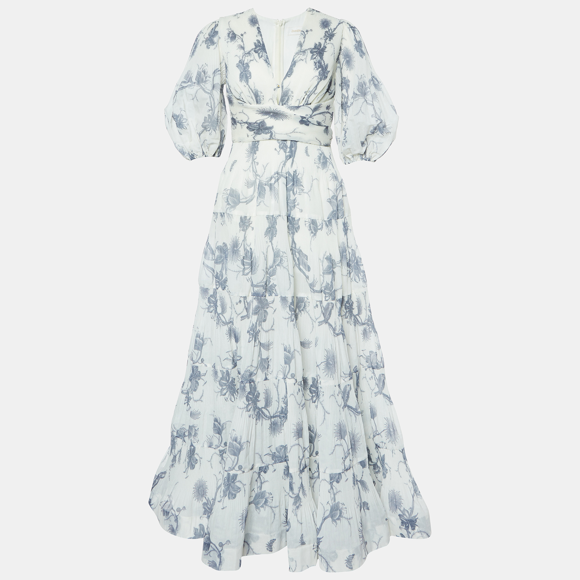 

Zimmermann Off White Floral Printed Crepe Pleated V Neck Maxi Dress XS