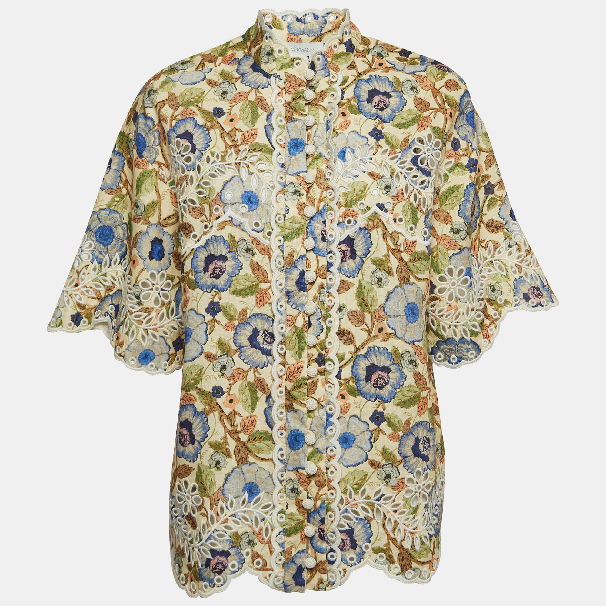 

Zimmermann Multicolor Floral Print Schiffli Linen Shirt XS