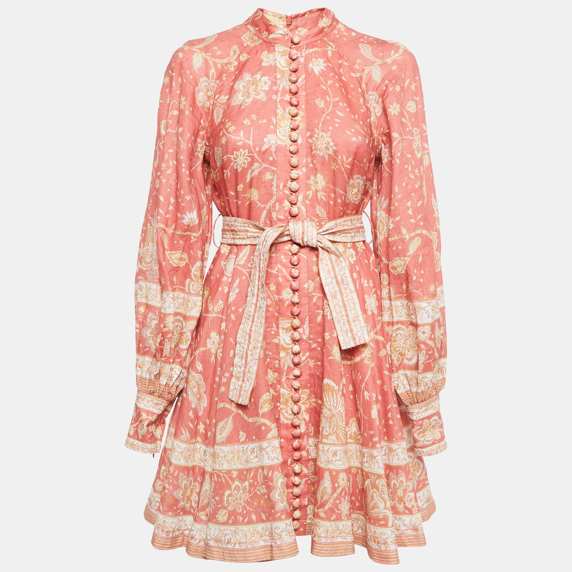

Zimmermann Coral Pink Floral Print Linen Belted Mini Dress M