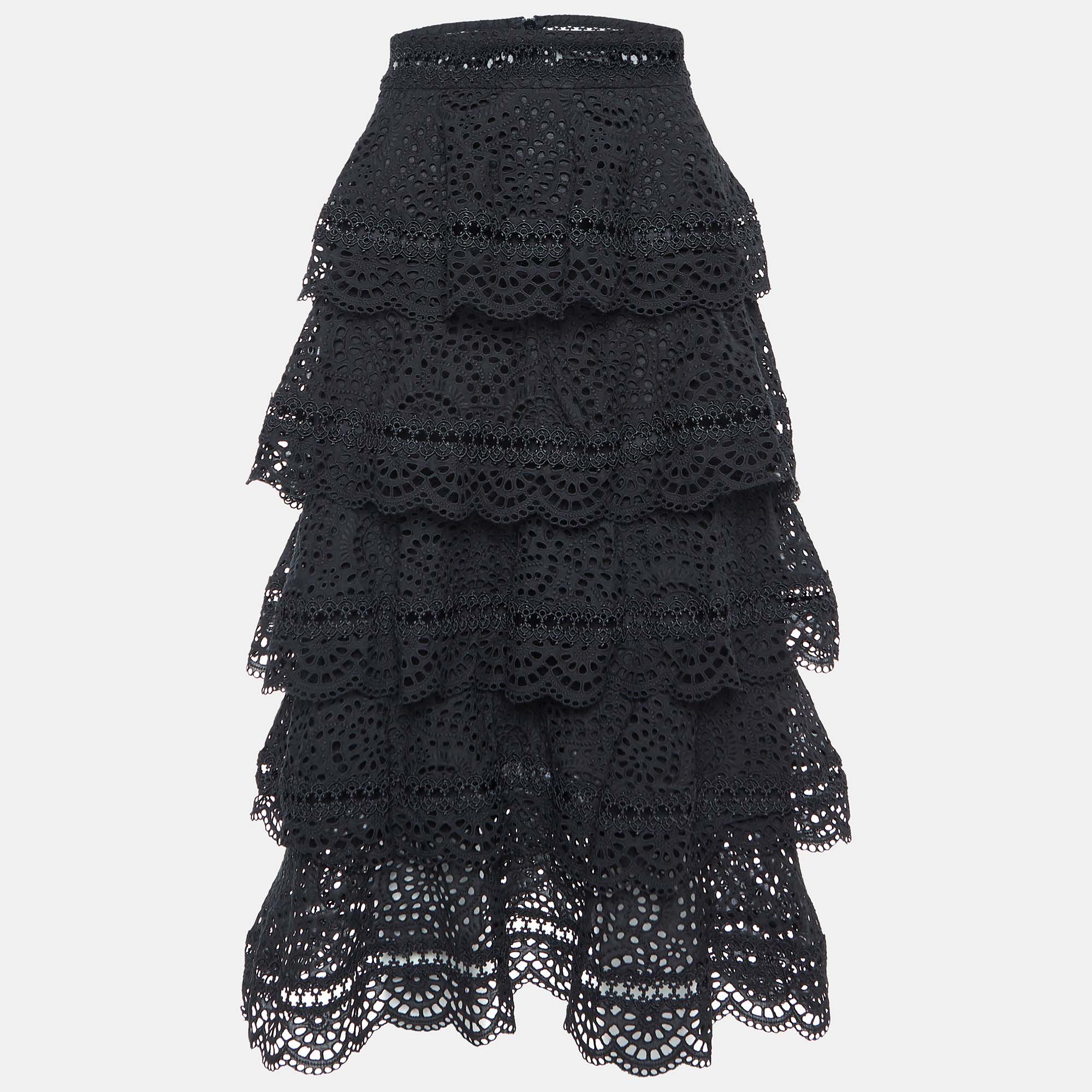 

Zimmermann Black Lace Tiered Midi Skirt S