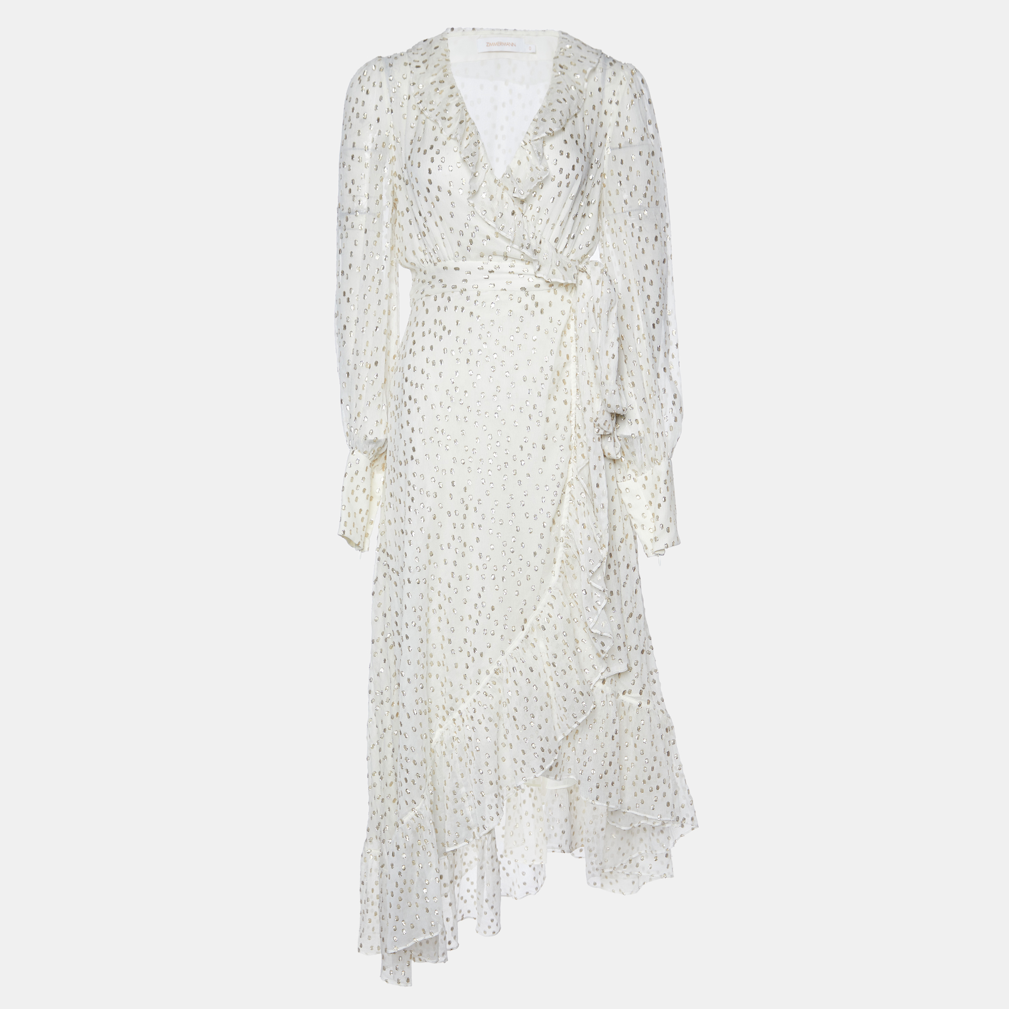 

Zimmermann Off-White Silk-Lurex Blend Ruffled Wrap Midi Dress XS