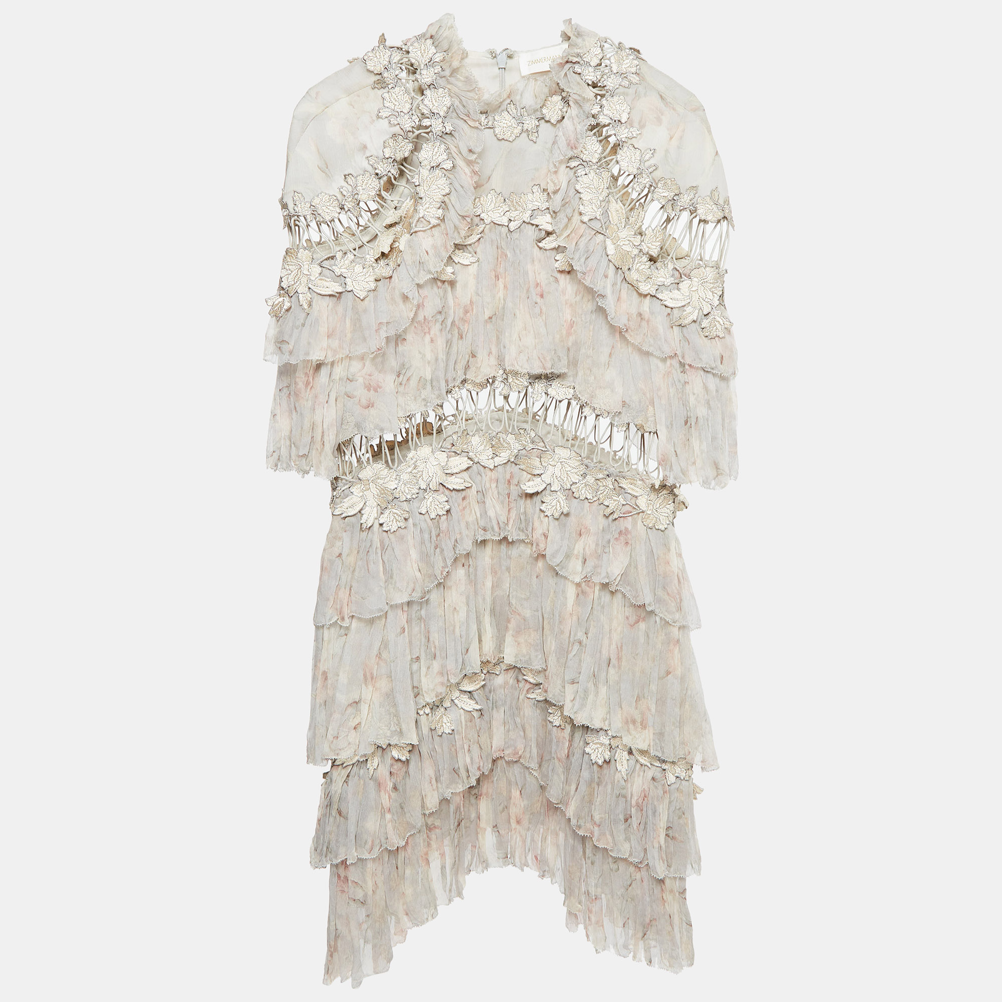 

Zimmermann Grey Chiffon Cut-Out Applique Tiered Mini Dress M