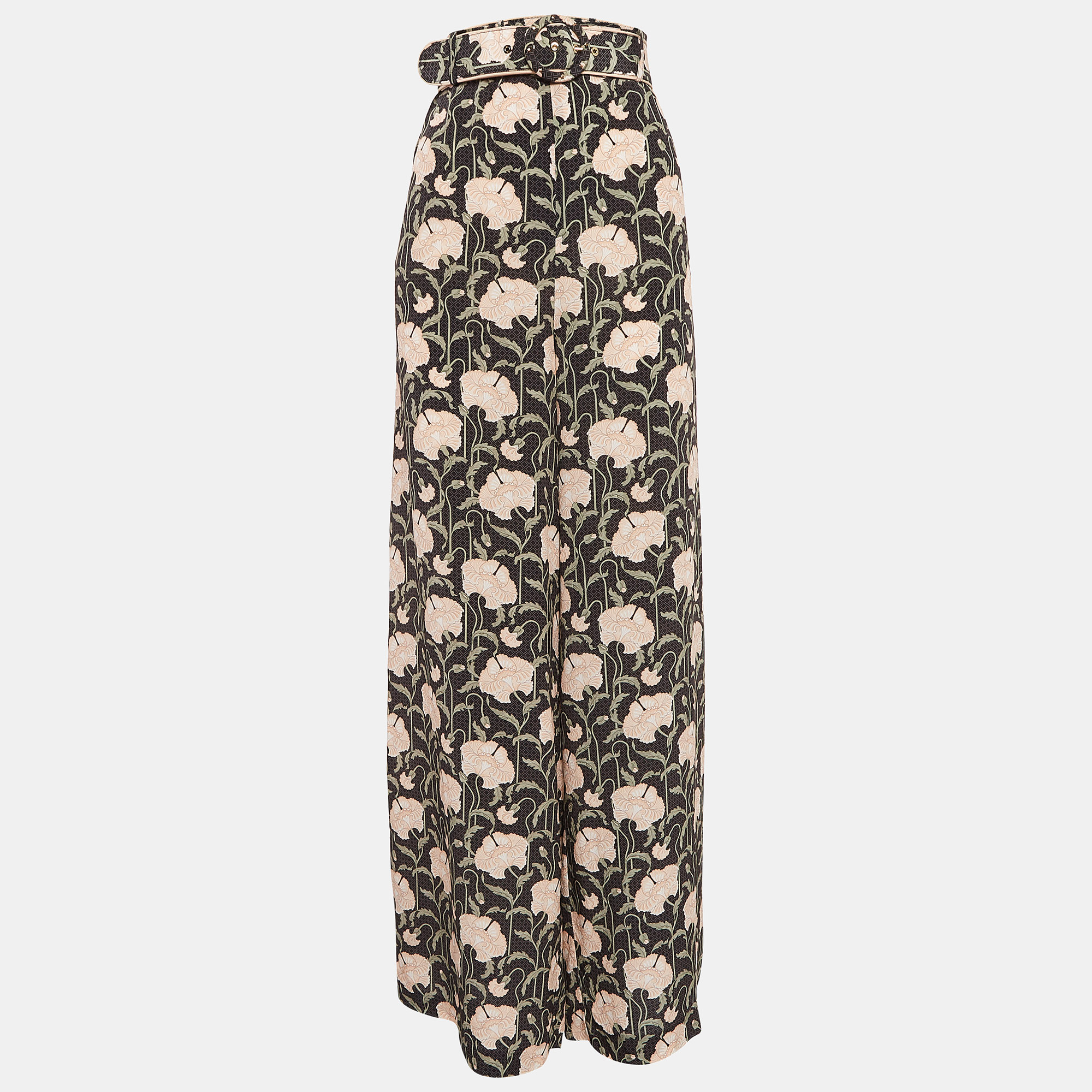 

Zimmermann Black Floral Print Silk Belted Trousers L