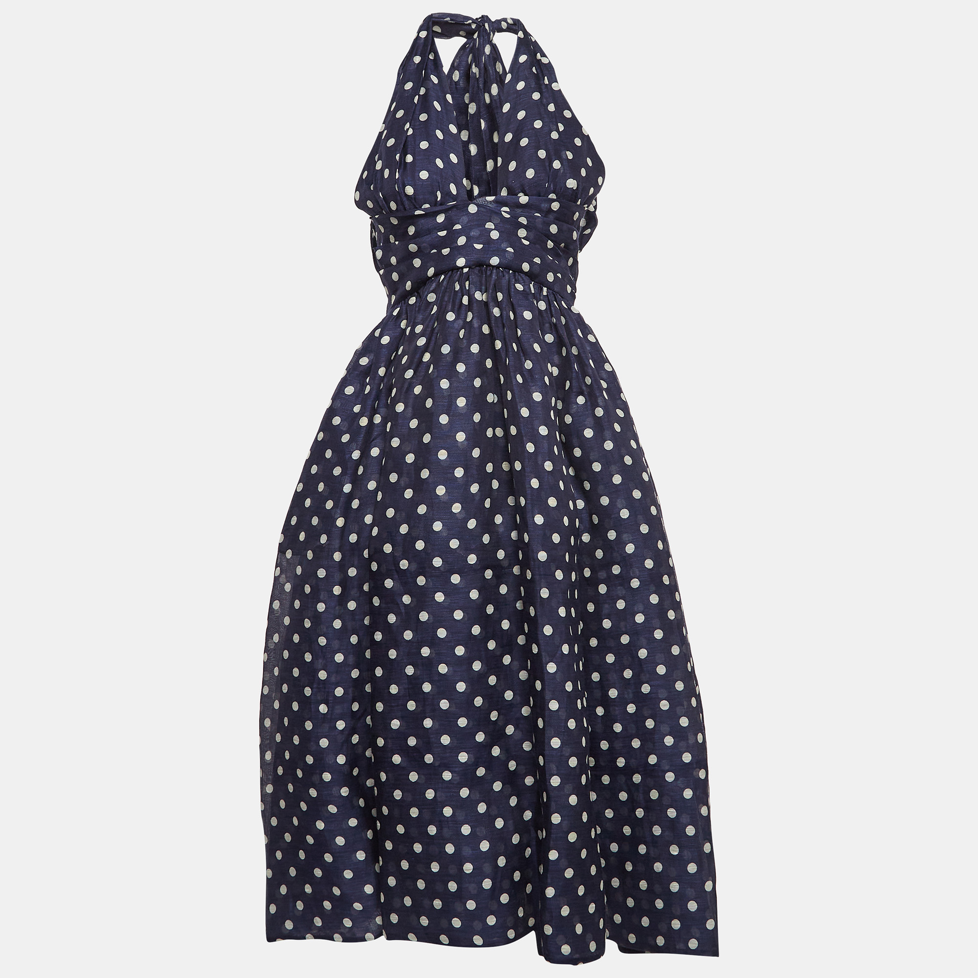 

Zimmermann Blue Polka Dots Linen Blend Halter Neck High Tide Midi Dress M