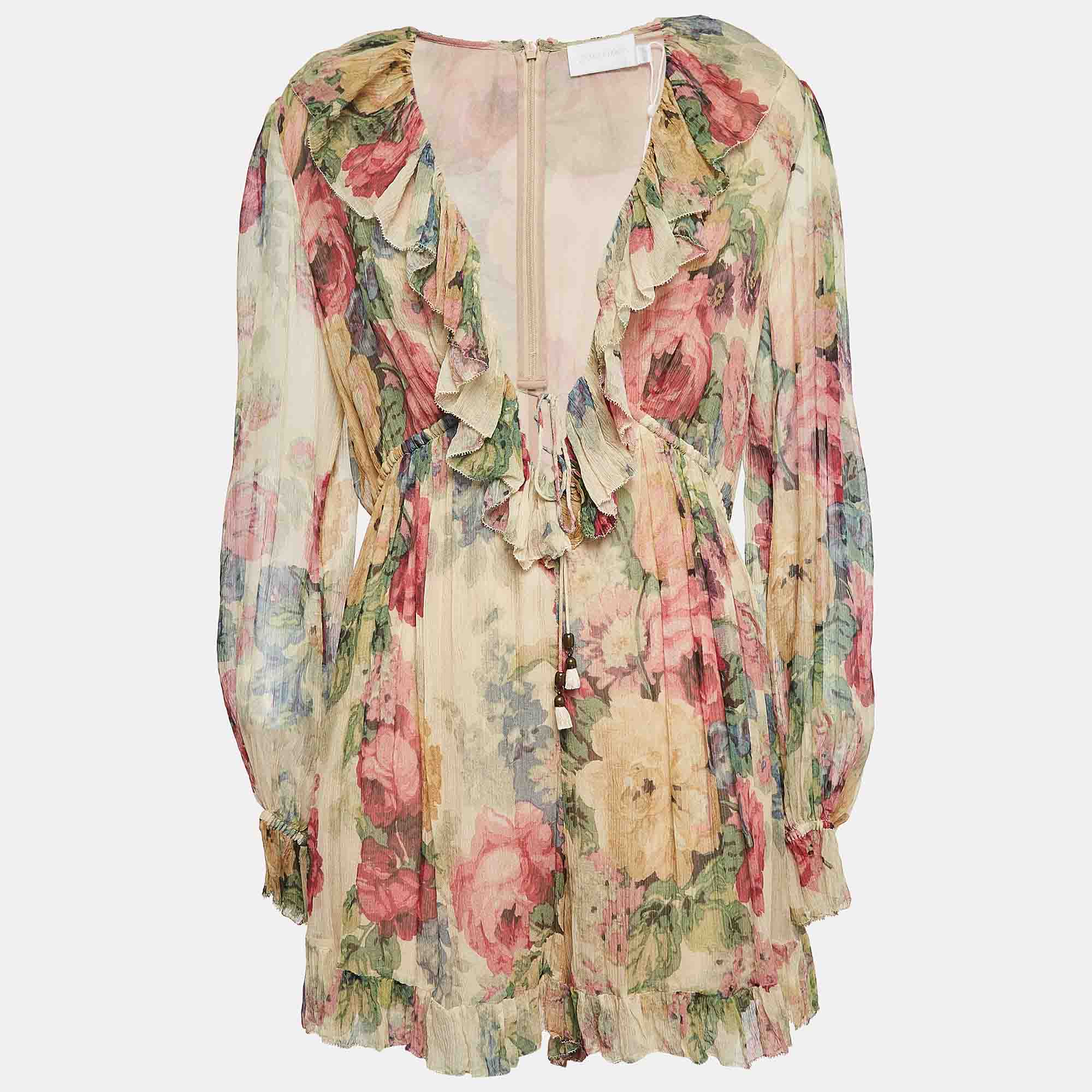 

Zimmermann Beige Floral Print Georgette Silk Ruffled Playsuit L