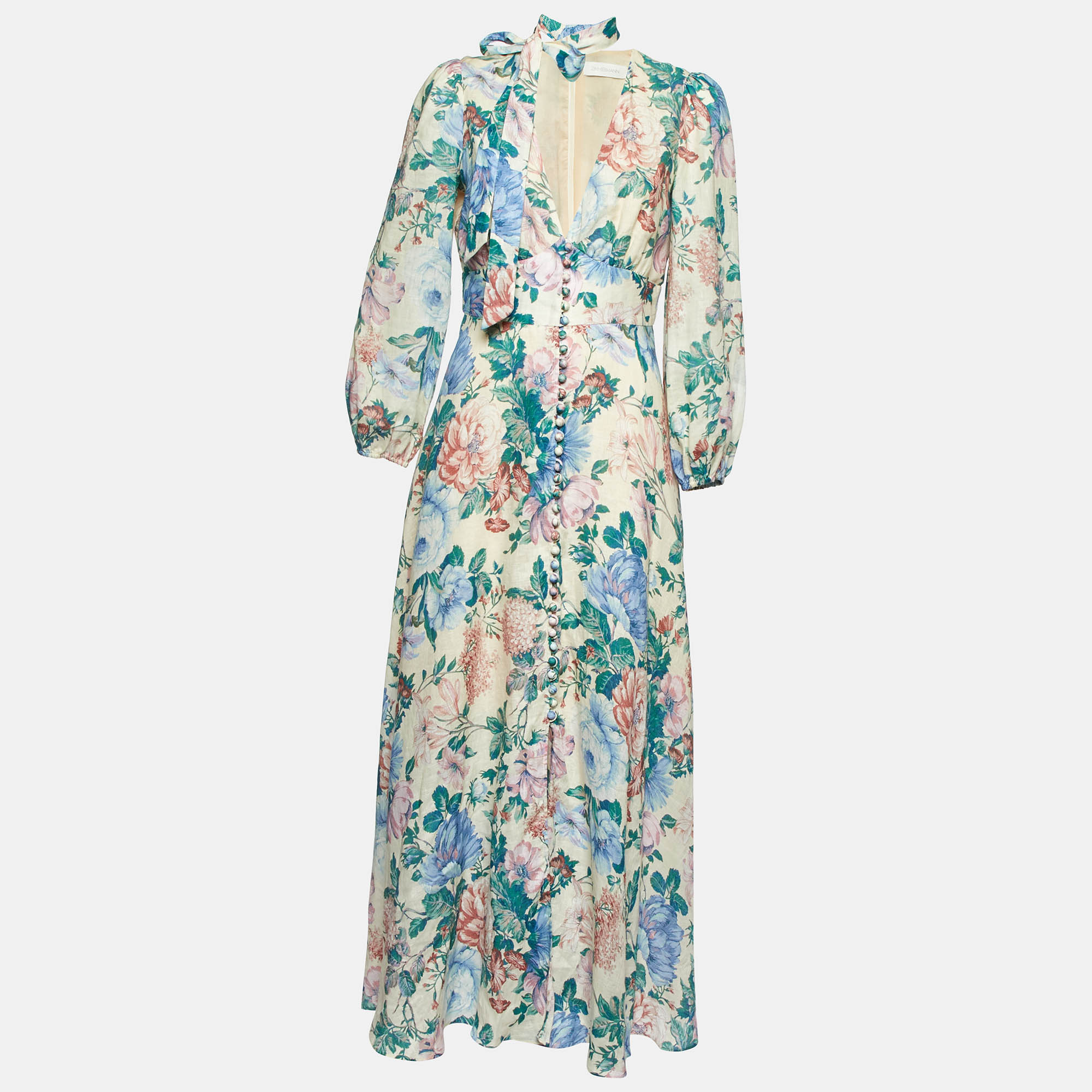 

Zimmermann Multicolor Floral Print Linen Plunge Neck Maxi Dress M