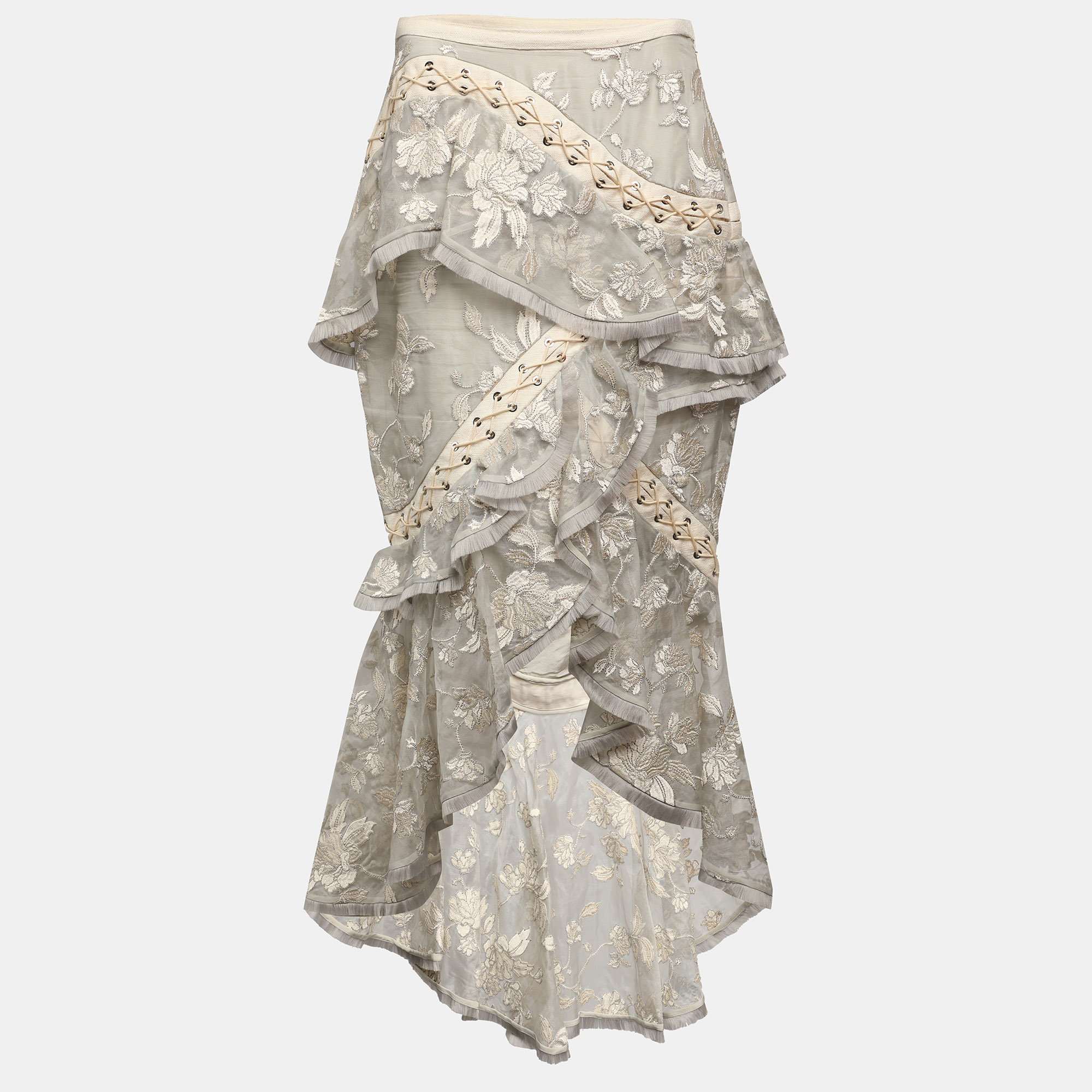 

Zimmermann Grey Floral Embroidered Silk Maxi Skirt M