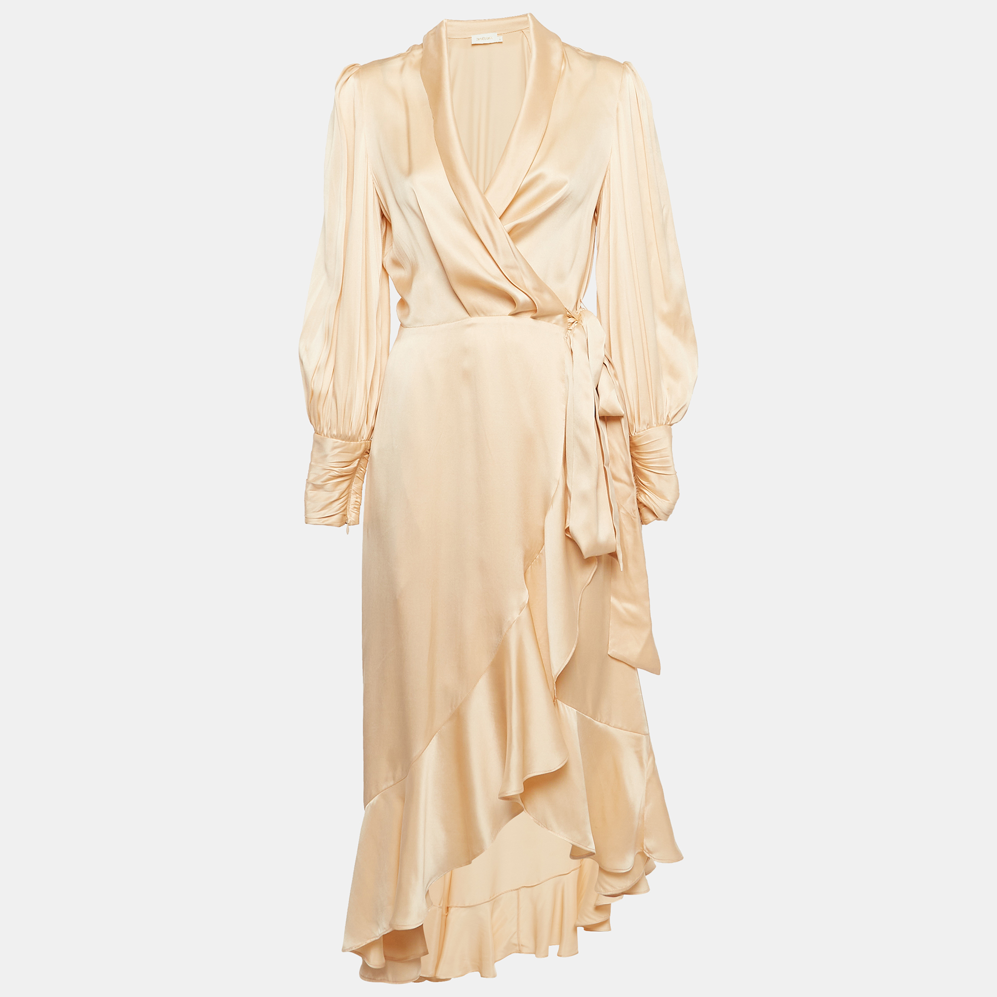 

Zimmermann Beige Silk Satin Blouson Sleeve Asymmetric Midi Wrap Dress M