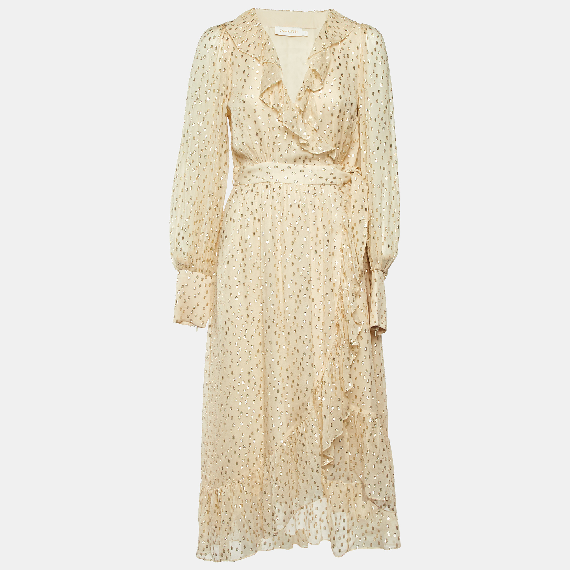 

Zimmermann Cream Lurex Fil Coupé Silk Midi Wrap Dress M