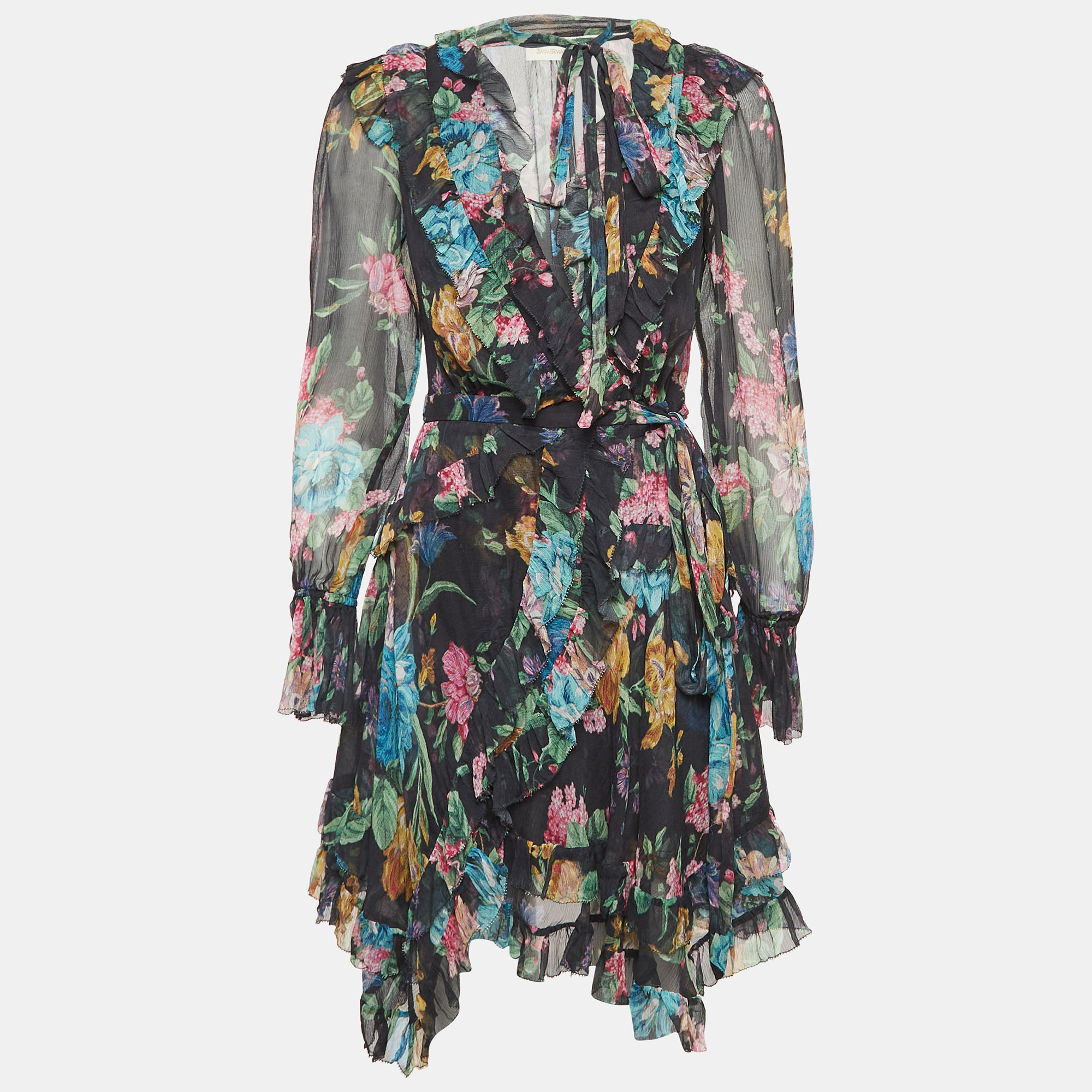 

Zimmermann Black Floral Print Silk Ruffled Wrap Dress S