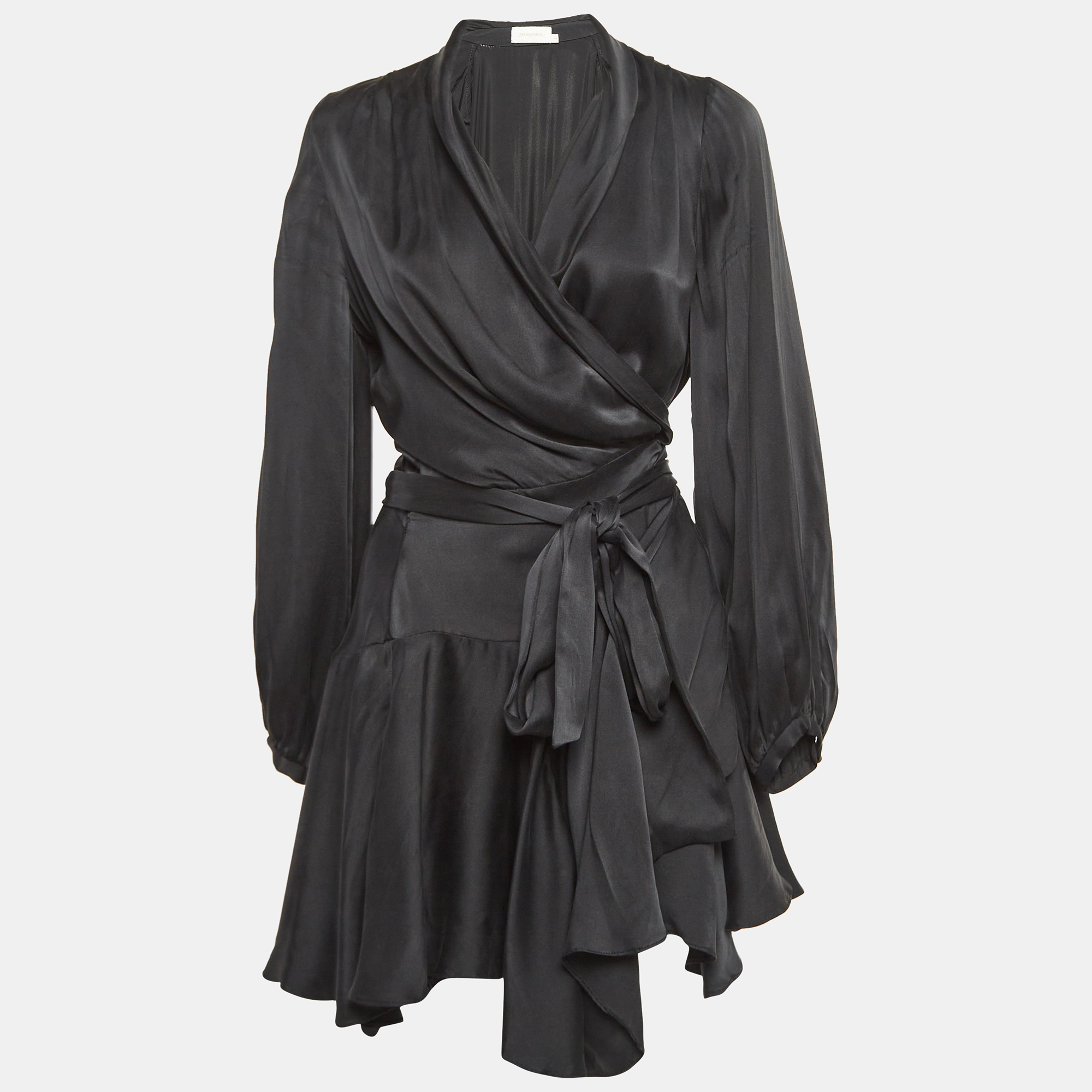 

Zimmermann Black Satin Silk Flared Mini Wrap Dress M