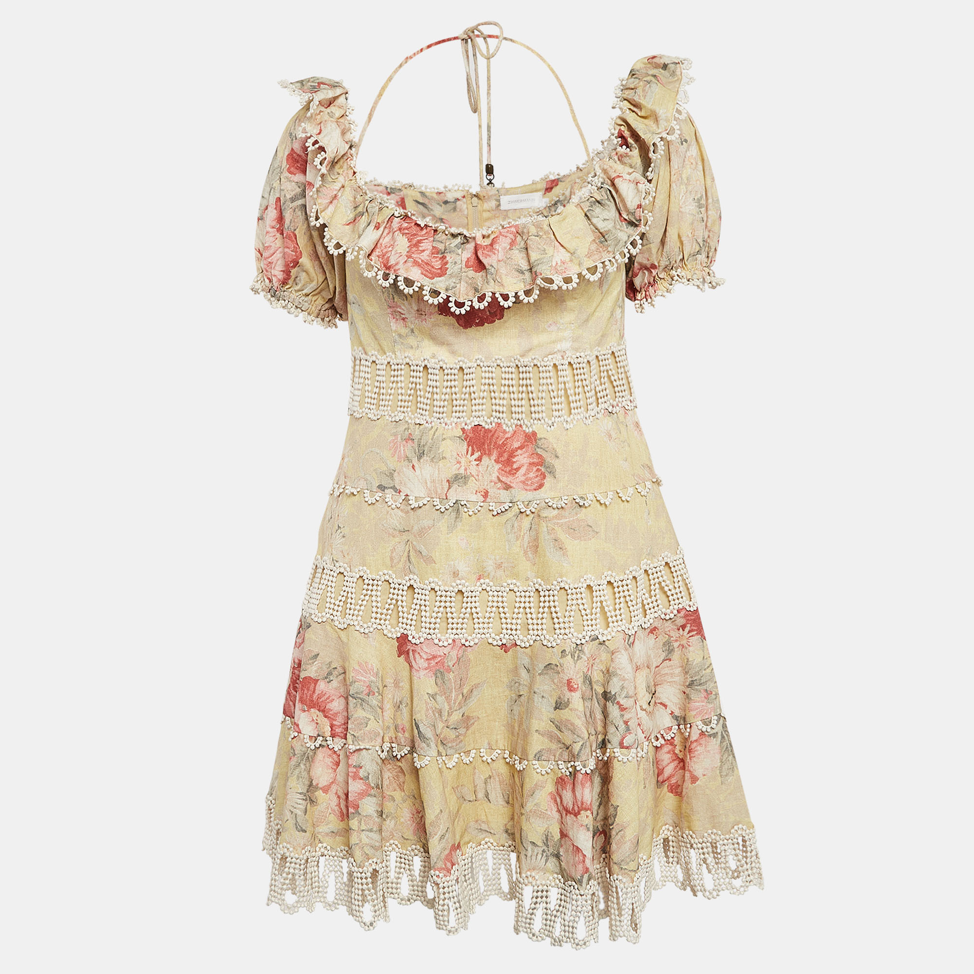 

Zimmermann Yellow Floral Print Lace Trim Off-Shoulder Mini Dress M