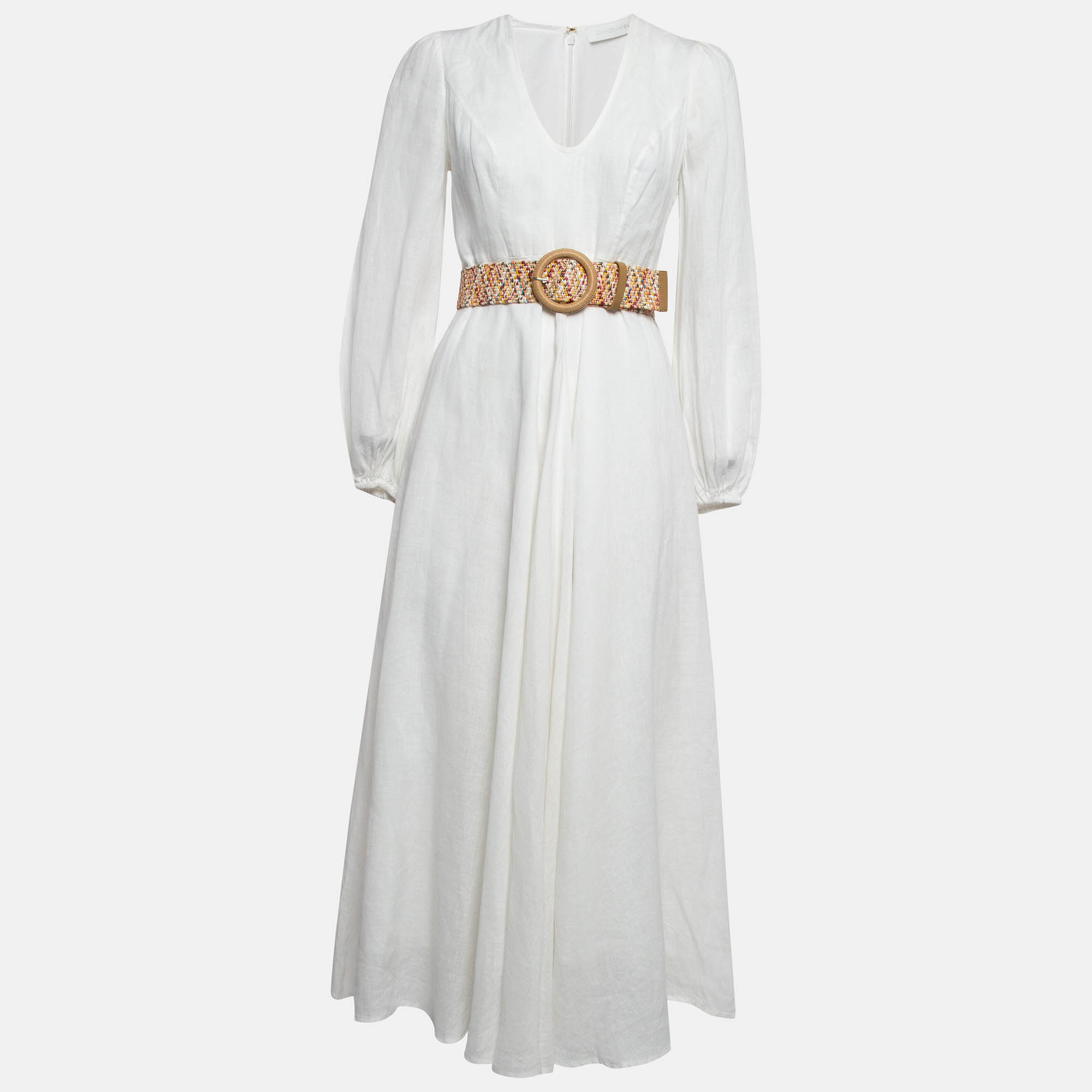 Pre-owned Zimmermann White Linen Belted Flared Maxi Dress M