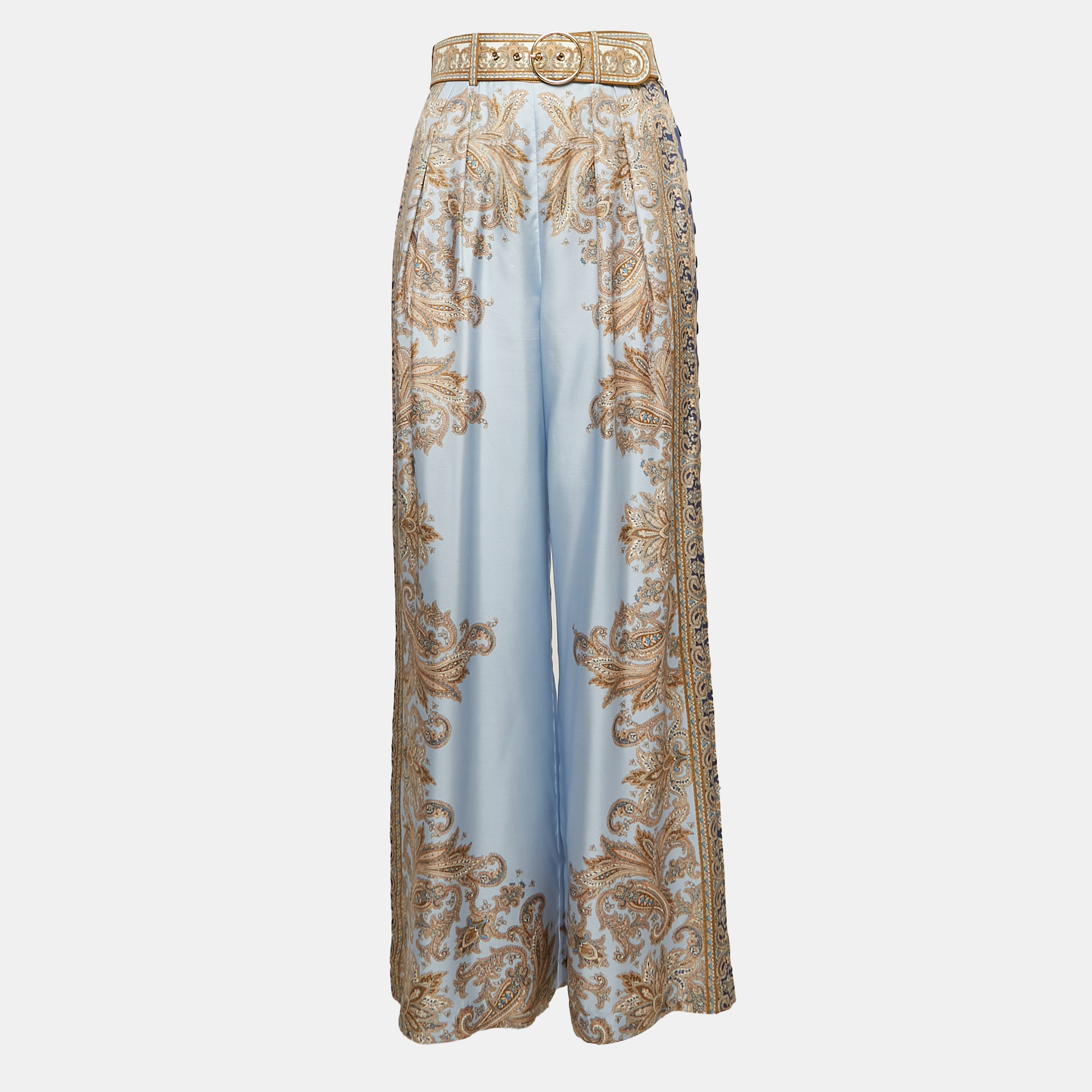 

Zimmermann Blue Luminous Paisley Print Silk Belted Wide-Leg Pants S