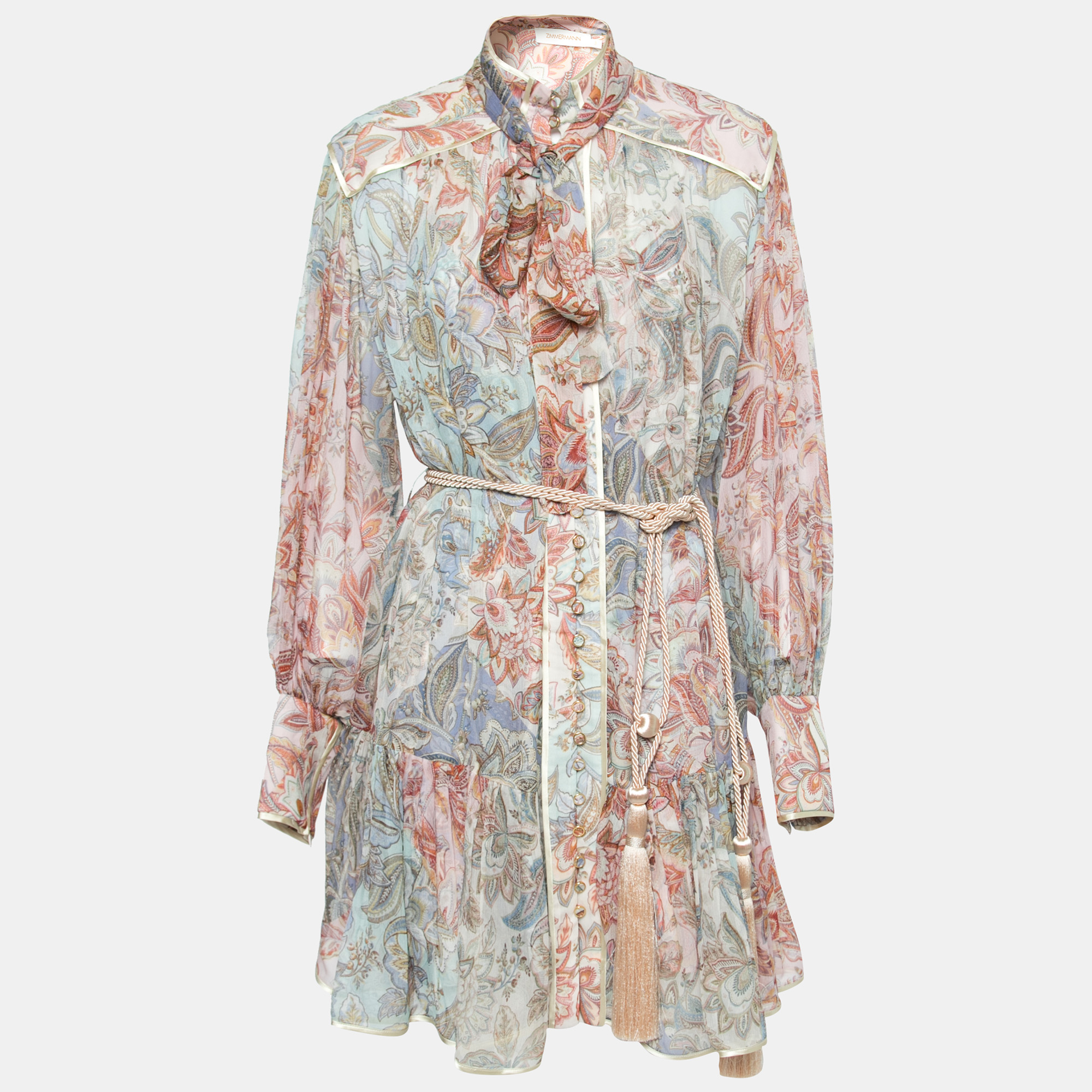 

Zimmermann Multicolor Printed Silk Chiffon Belted Shirt Dress S