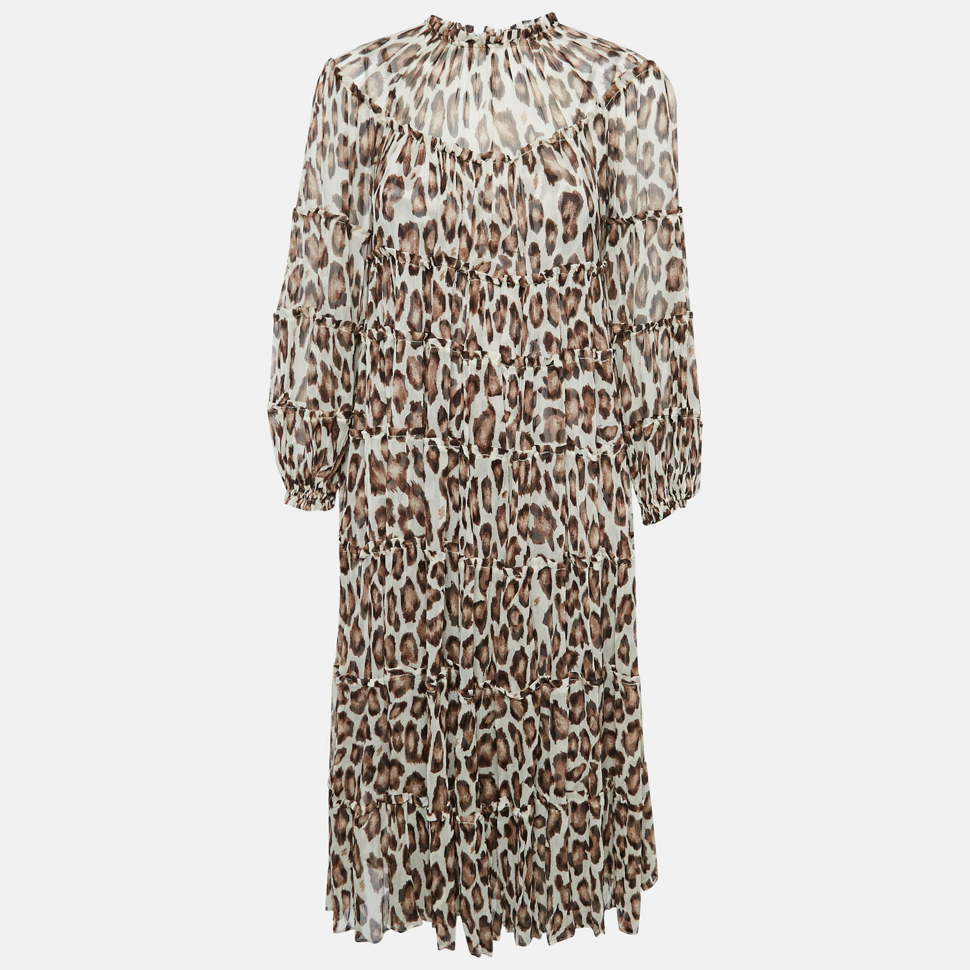 Pre-owned Zimmermann Brown Leopard Print Silk Chiffon Tiered Midi Dress M