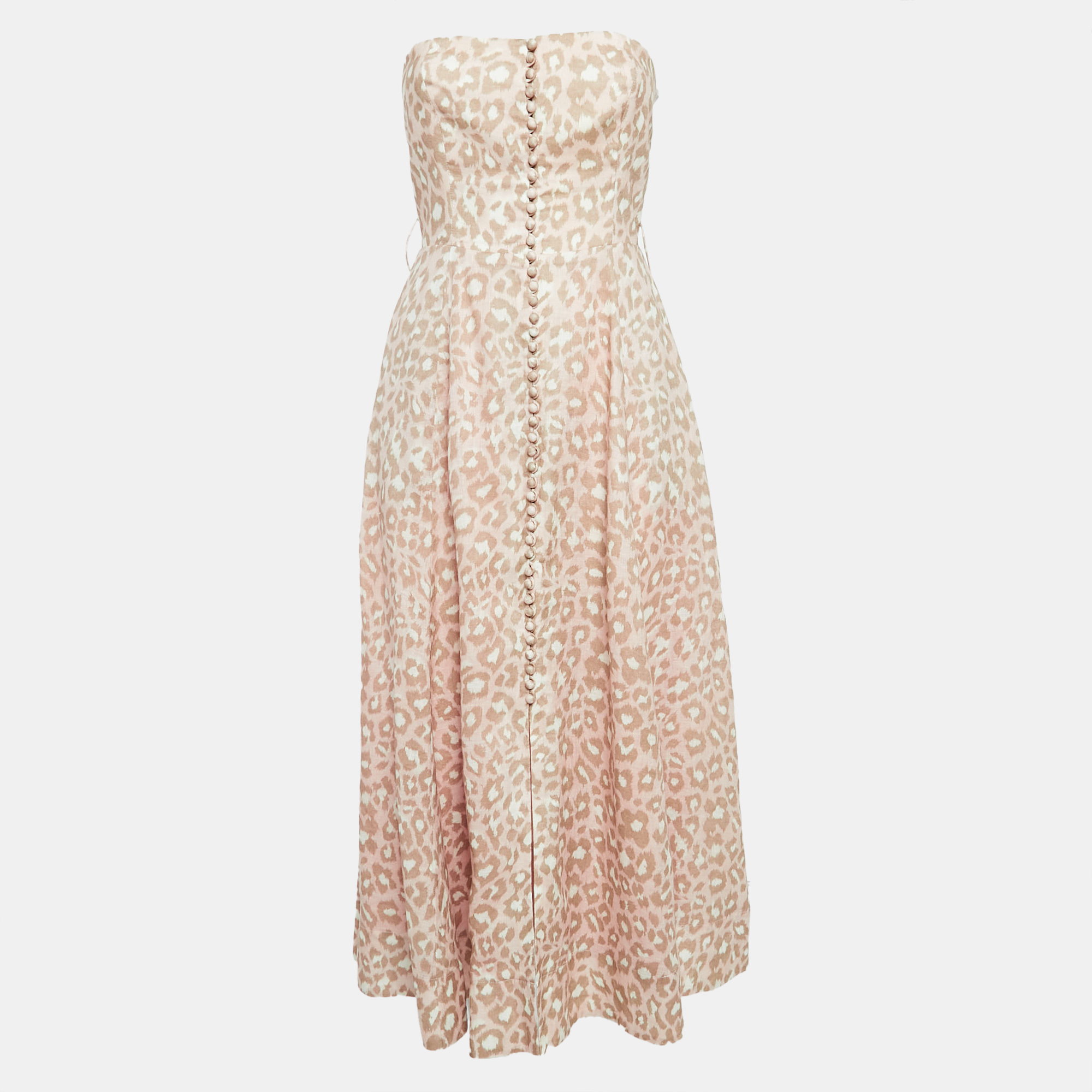 

Zimmermann Pink Leopard Print Strapless Midi Dress M