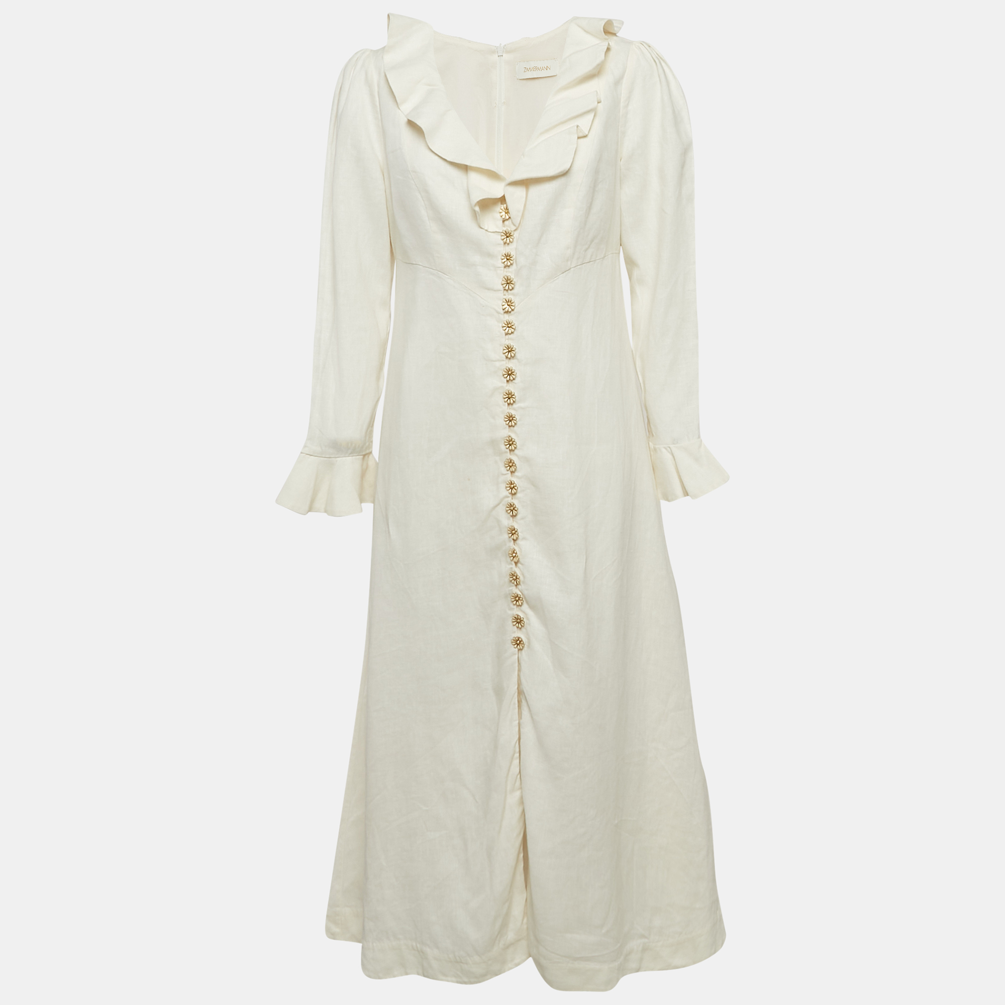 

Zimmermann White Linen Button Front Midi Dress L